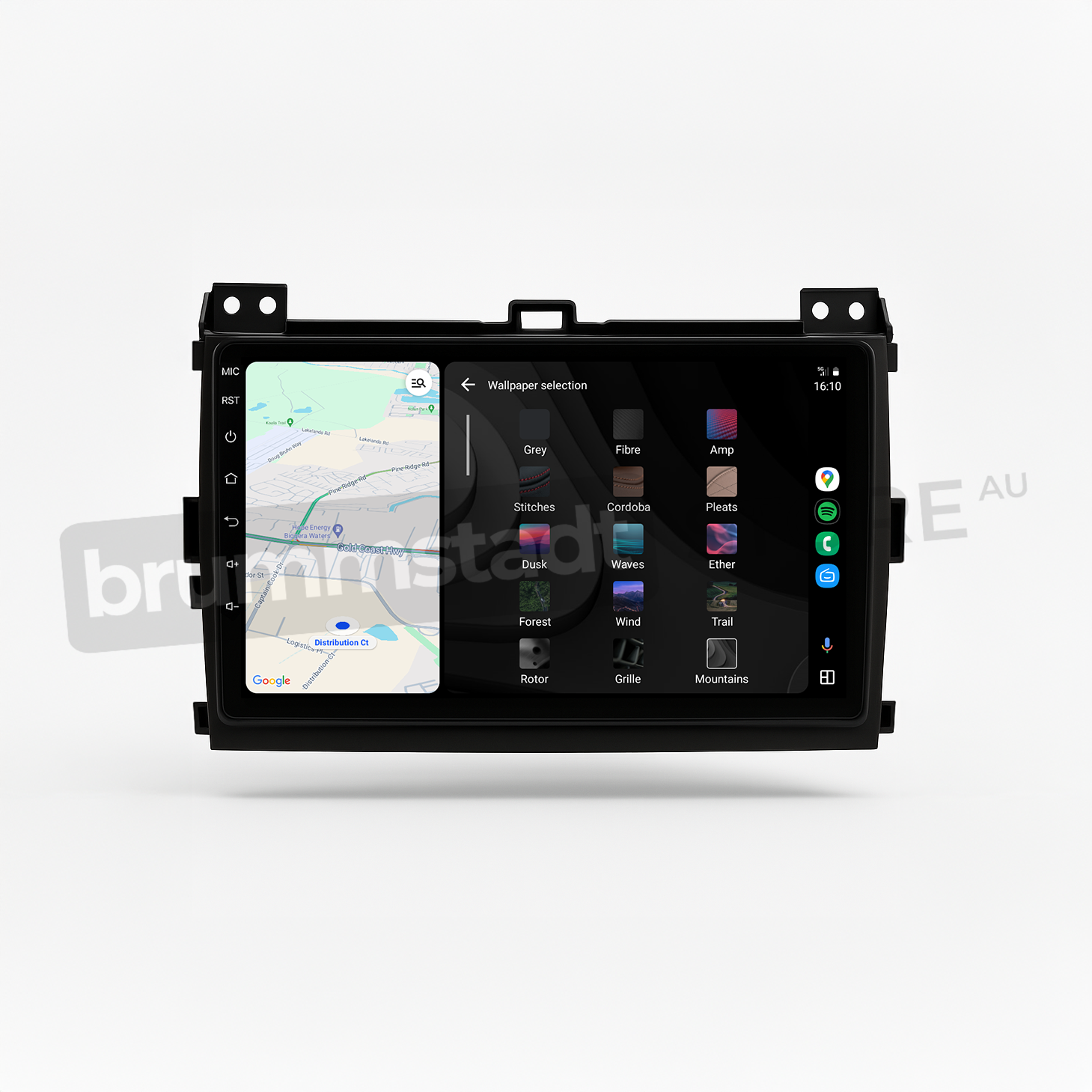 Brummstadt head unit for Toyota Prado 2003-2009, black frame, Apple CarPlay interface displaying Google Maps for navigation, with options for wallpaper selection and app shortcuts visible on the touchscreen, providing improved access to apps in Toyota Prado vehicles.