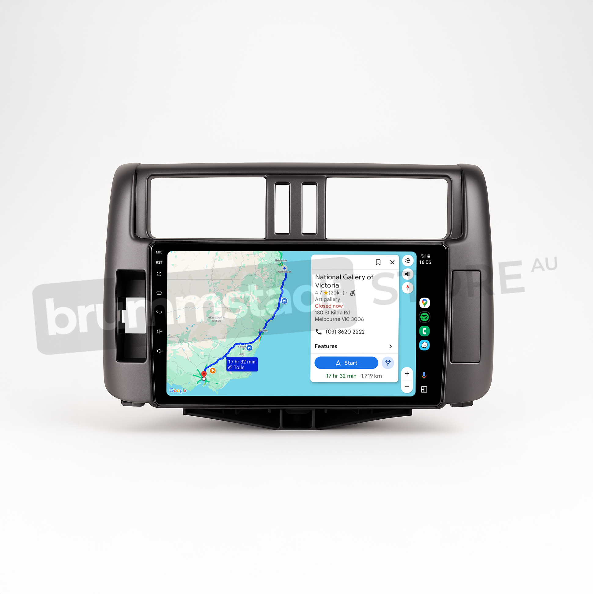 Brummstadt head unit for Toyota Prado 2009-2013, featuring a capacitive touchscreen with Apple CarPlay interface, displaying Google Maps and navigation, designed for easy access to maps and driving directions in Toyota Prado vehicles.