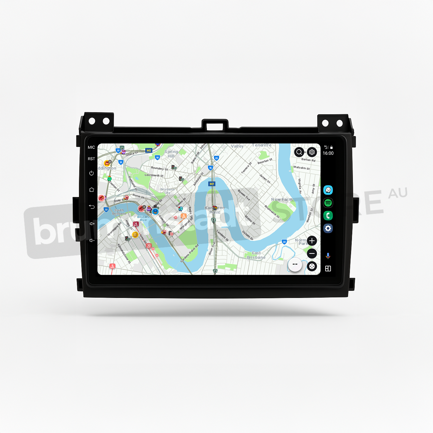 Brummstadt head unit for Toyota Prado 2003-2009, featuring a black frame and a touchscreen interface with Apple CarPlay displaying Google Maps, navigation for Australian map locations including Sydney and Melbourne, ideal for travel and directions.