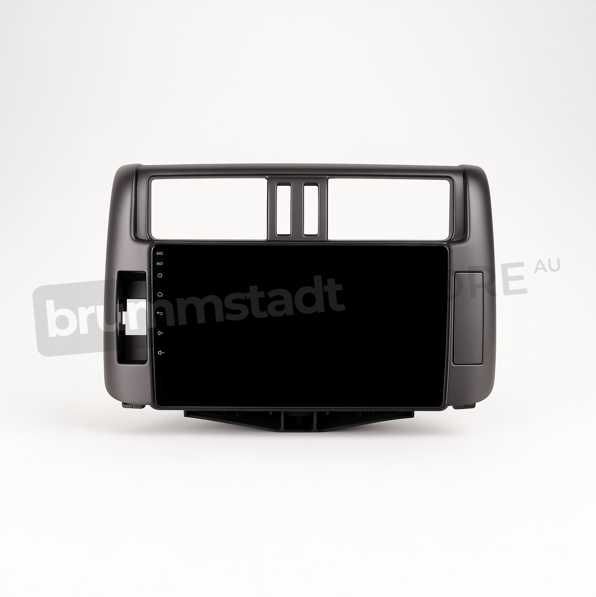 Brummstadt head unit for Toyota Prado 2009-2013, featuring a black frame, large touchscreen, and Apple CarPlay interface. The interface displays recognizable apps such as Google Maps and Spotify, facilitating navigation and music streaming in Toyota Prado 150 Series vehicles.