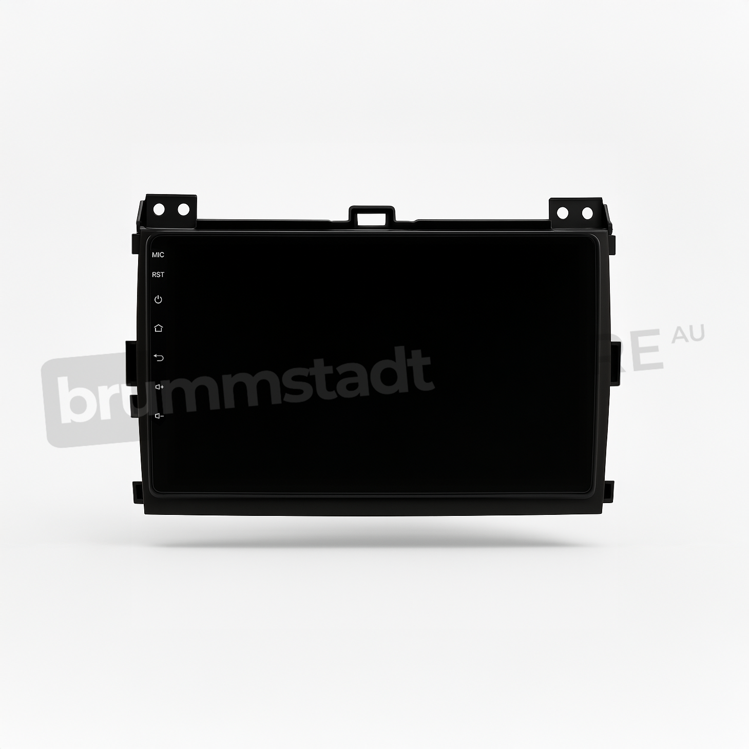 Brummstadt head unit for Toyota Prado 2003-2009, black frame with capacitive buttons, featuring Apple CarPlay interface with visible Google Maps, WhatsApp, and Spotify icons, touchscreen for navigation and communication apps designed for Toyota Prado interiors.