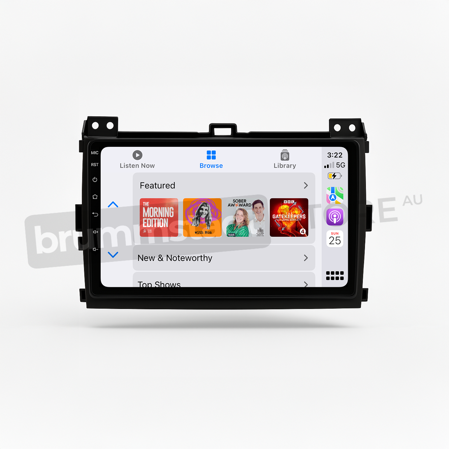 Brummstadt head unit for Toyota Prado 2003-2009, featuring a black frame and touchscreen, displaying Apple CarPlay interface with apps like Google Maps, Spotify, Podcasts, and Music, designed for enhancing navigation and multimedia experience in Toyota Prado interiors.