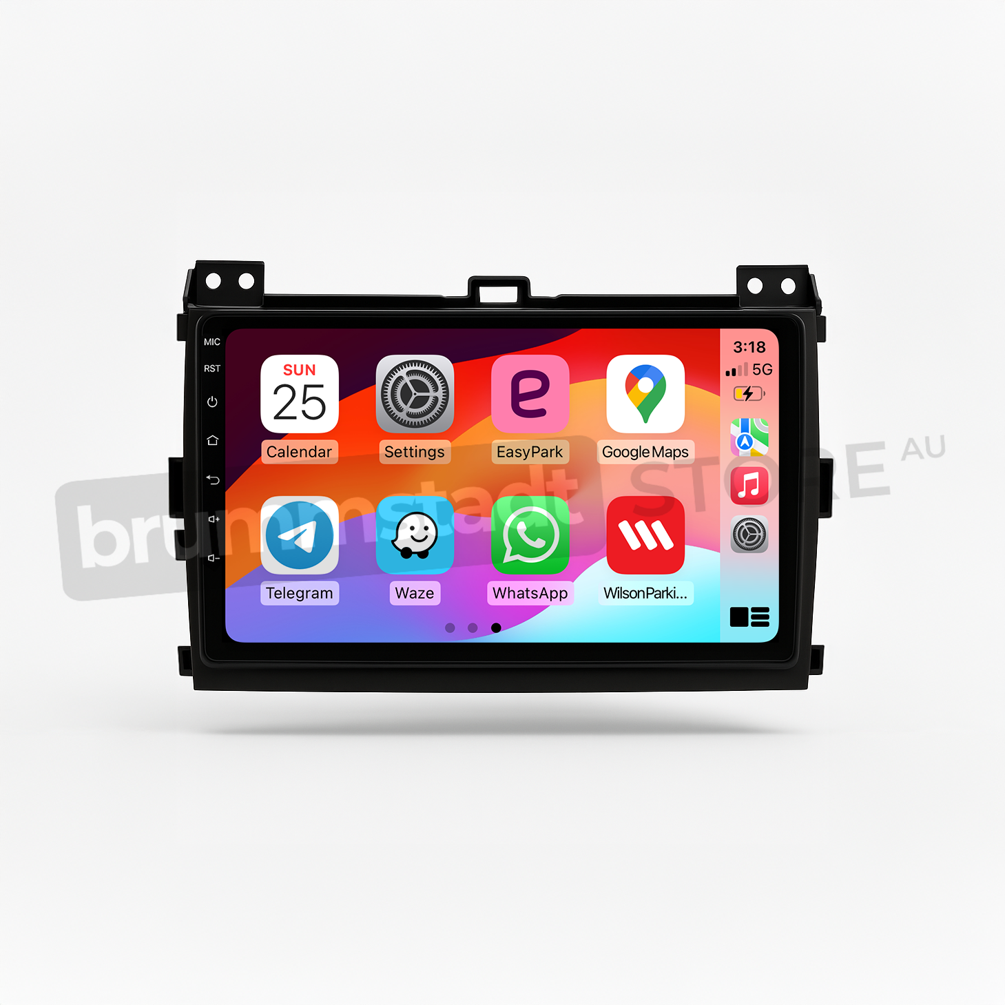 Brummstadt head unit for Toyota Prado 2003-2009, featuring a touchscreen interface displaying Apple CarPlay with Google Maps, Telegram, Waze, WhatsApp, and EasyPark apps, designed for navigation and communication in Toyota Prado vehicles.