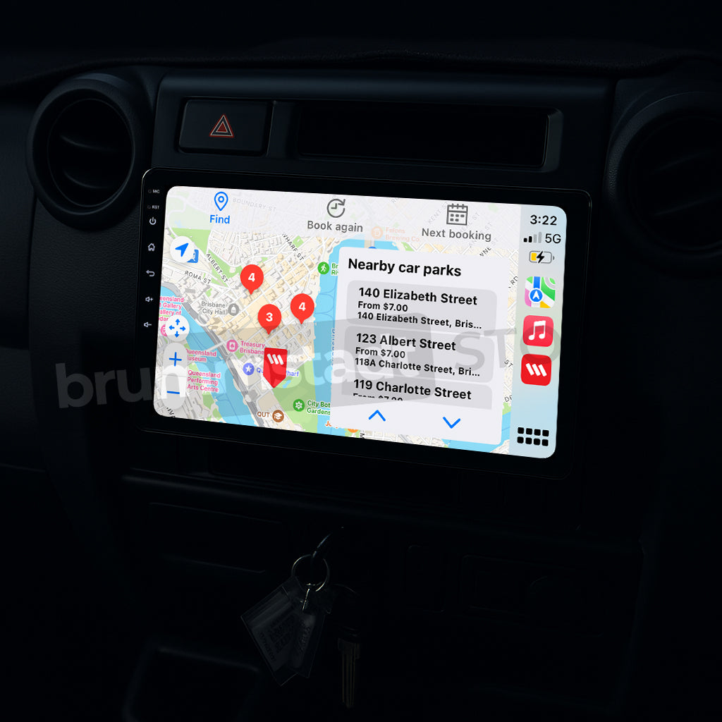 Brummstadt, Toyota Land Cruiser 70 Series 1984-2025, showcasing Apple CarPlay interface, Toyota Land Cruiser features a large touchscreen displaying Maps app with nearby car parks, time 3:22, signal strength, and battery status. Visible icons include phone, music, and navigation. Brummstadt offers seamless integration, enhancing user experience with intuitive layout and easy access to essential apps.