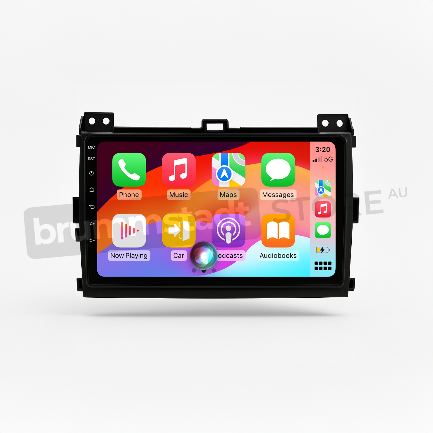 Brummstadt head unit for Toyota Prado 2003-2009, black frame with touchscreen, Apple CarPlay interface displaying Phone, Music, Maps, Messages, and Podcasts apps, providing navigation and communication features for Toyota Prado 120 Series.