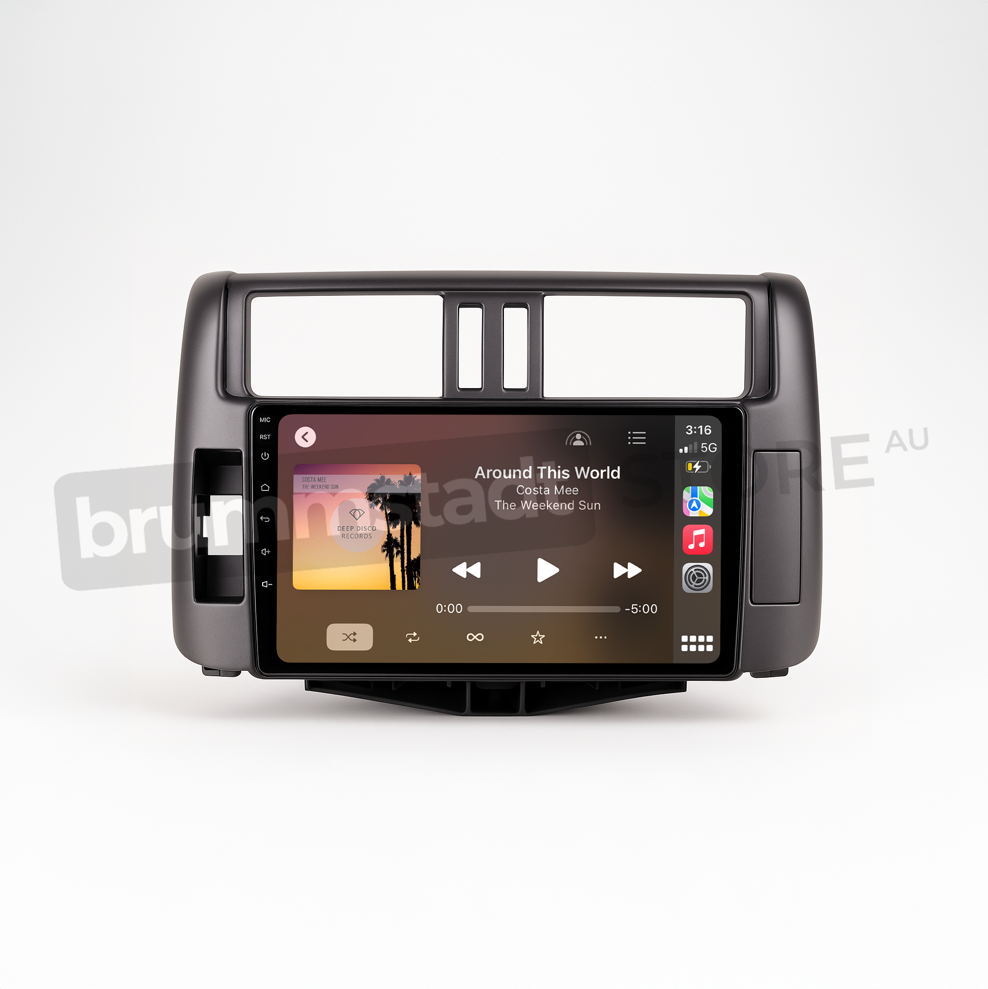 Brummstadt head unit for Toyota Prado 2009-2013, designed with a black frame, featuring an active Apple CarPlay interface displaying music from The Weeknd, album art, and playback controls, touchscreen upgrade enhancing connectivity for iPhone users in Toyota Prado vehicles.