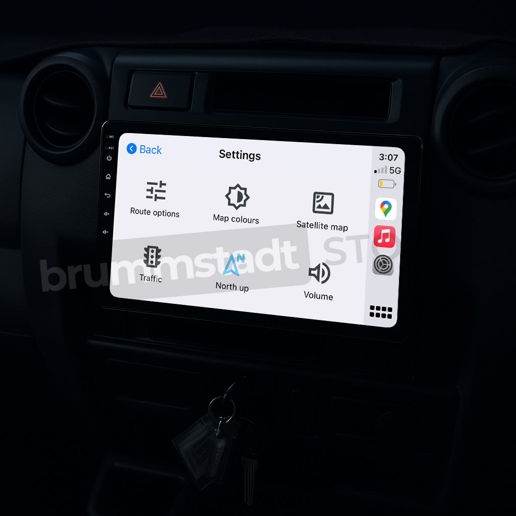 Brummstadt, Toyota Land Cruiser 70 1984-2025, Toyota Land Cruiser 70, Apple CarPlay interface, displaying settings menu with options like route options, map colors, satellite map, traffic, north up, and volume, time 3:07, 5G network, battery icon, apps including Maps, Music, and Messages, user-friendly layout, sleek design, Brummstadt.