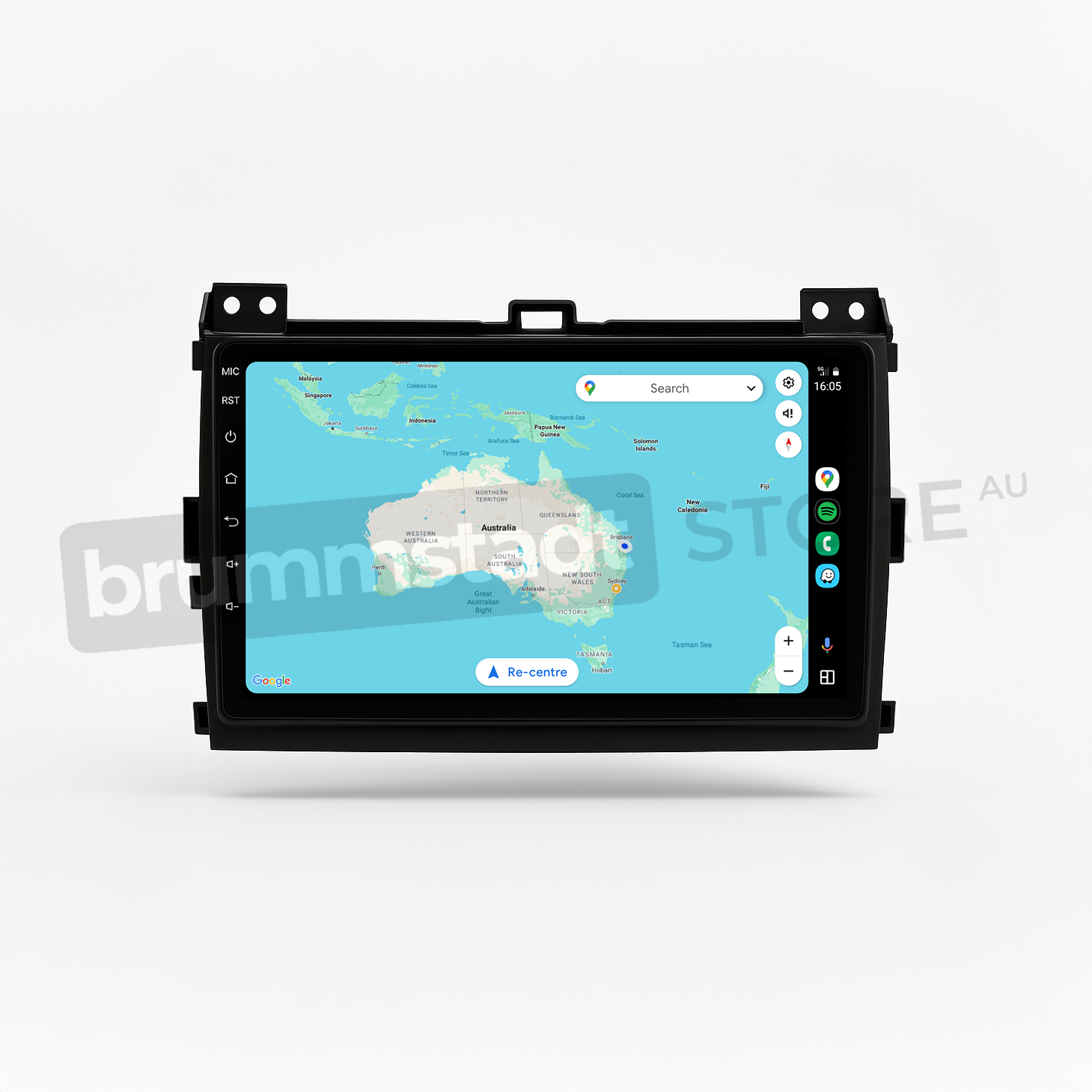 Brummstadt head unit for Toyota Prado 2003-2009 featuring a black frame, touchscreen displaying Apple CarPlay interface with Google Maps and Australian map locations, showing Sydney and Melbourne. Perfect for navigation with music playing, this unit enhances the driving experience in the Toyota Prado.
