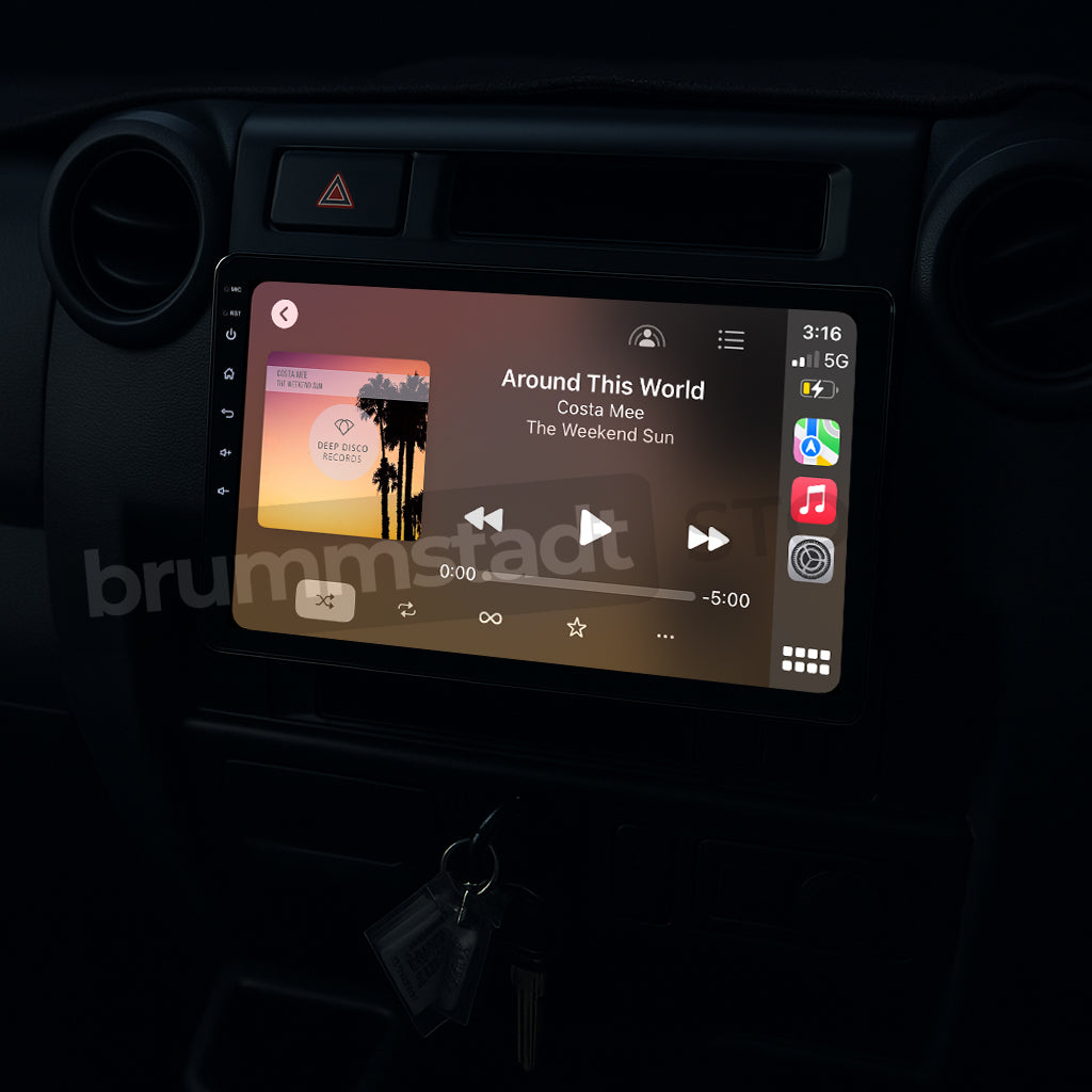 Brummstadt, Toyota Land Cruiser 70 Series 1984-2025, showcasing Apple CarPlay interface, Toyota Land Cruiser 70 Series, featuring music app displaying "Around This World" by Costa Mee, album art, play controls, time 3:16, signal strength, Wi-Fi, battery icons, home button, app icons including phone, music, maps, messages, and settings, sleek modern design, user-friendly layout.