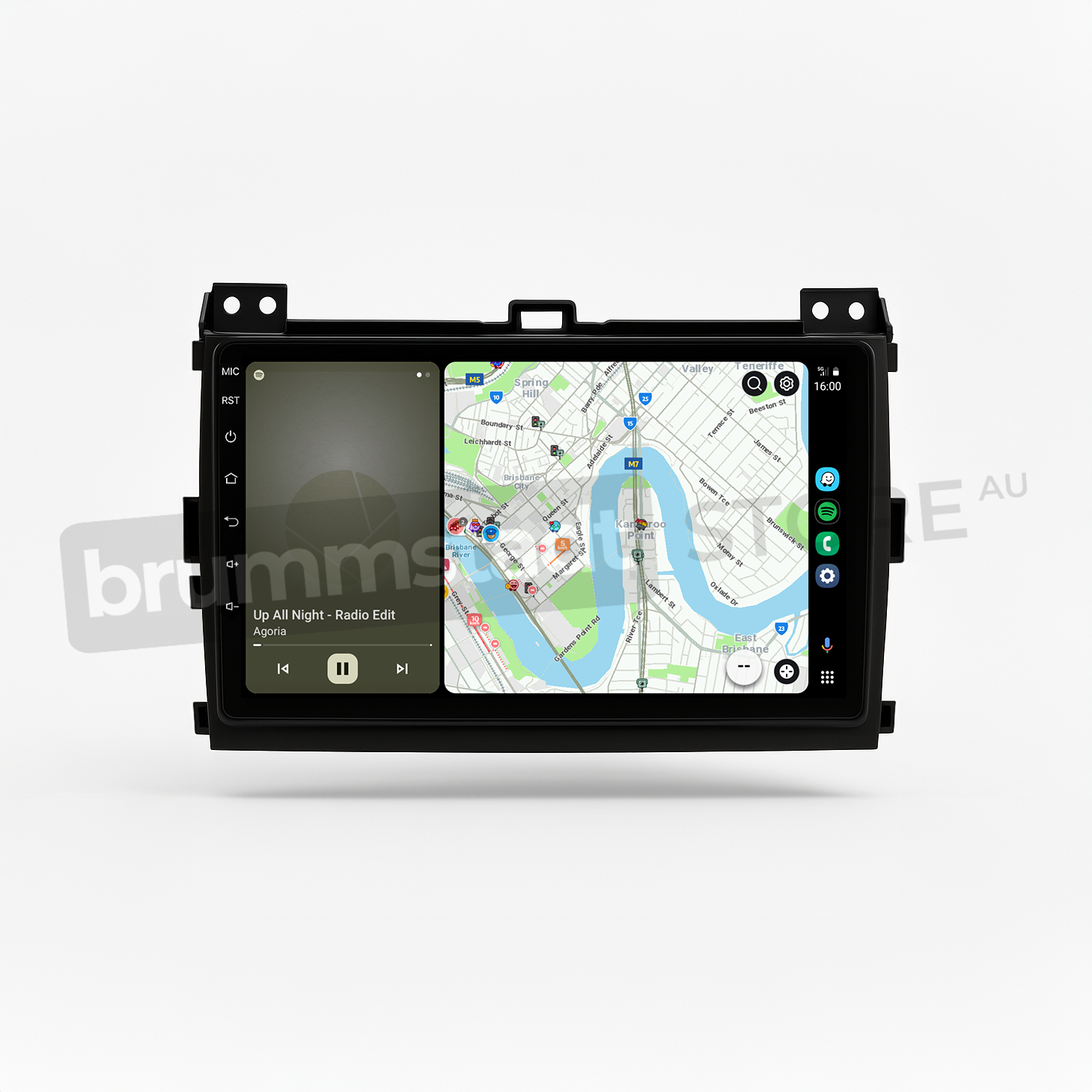 Brummstadt head unit for Toyota Prado 2003-2009, black frame, touchscreen interface displaying Apple CarPlay with Google Maps for navigation, showing nearby locations and routes, along with a music player interface playing "Up All Night" in Toyota Prado interiors.