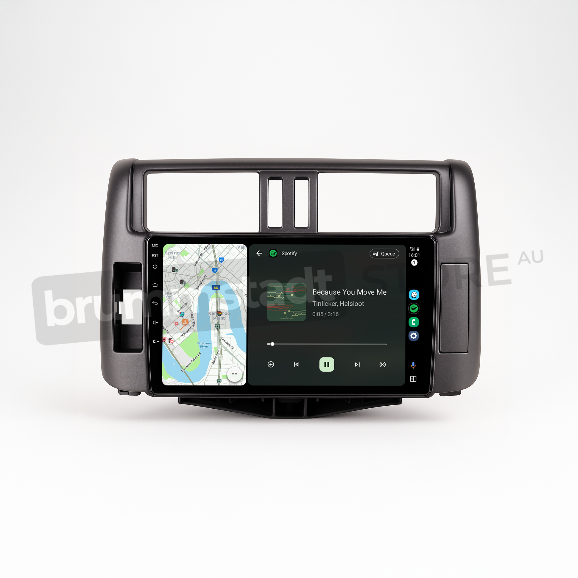 Brummstadt head unit for Toyota Prado 2009-2013, featuring a sleek design, touchscreen interface, and Apple CarPlay active with Spotify and Google Maps displayed, ideal for navigation and music in the Toyota Prado.