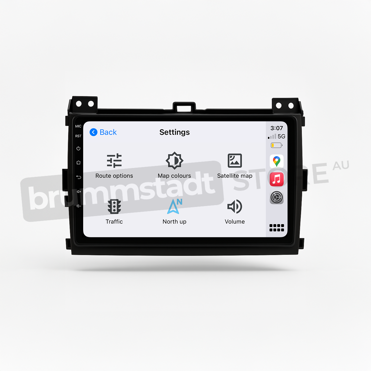 Brummstadt head unit for Toyota Prado 2003-2009, black frame with touchscreen interface, displaying Apple CarPlay settings including navigation options, map colours, traffic, and volume control, compatible with Google Maps and music apps for smooth driving experience in Toyota Prado.