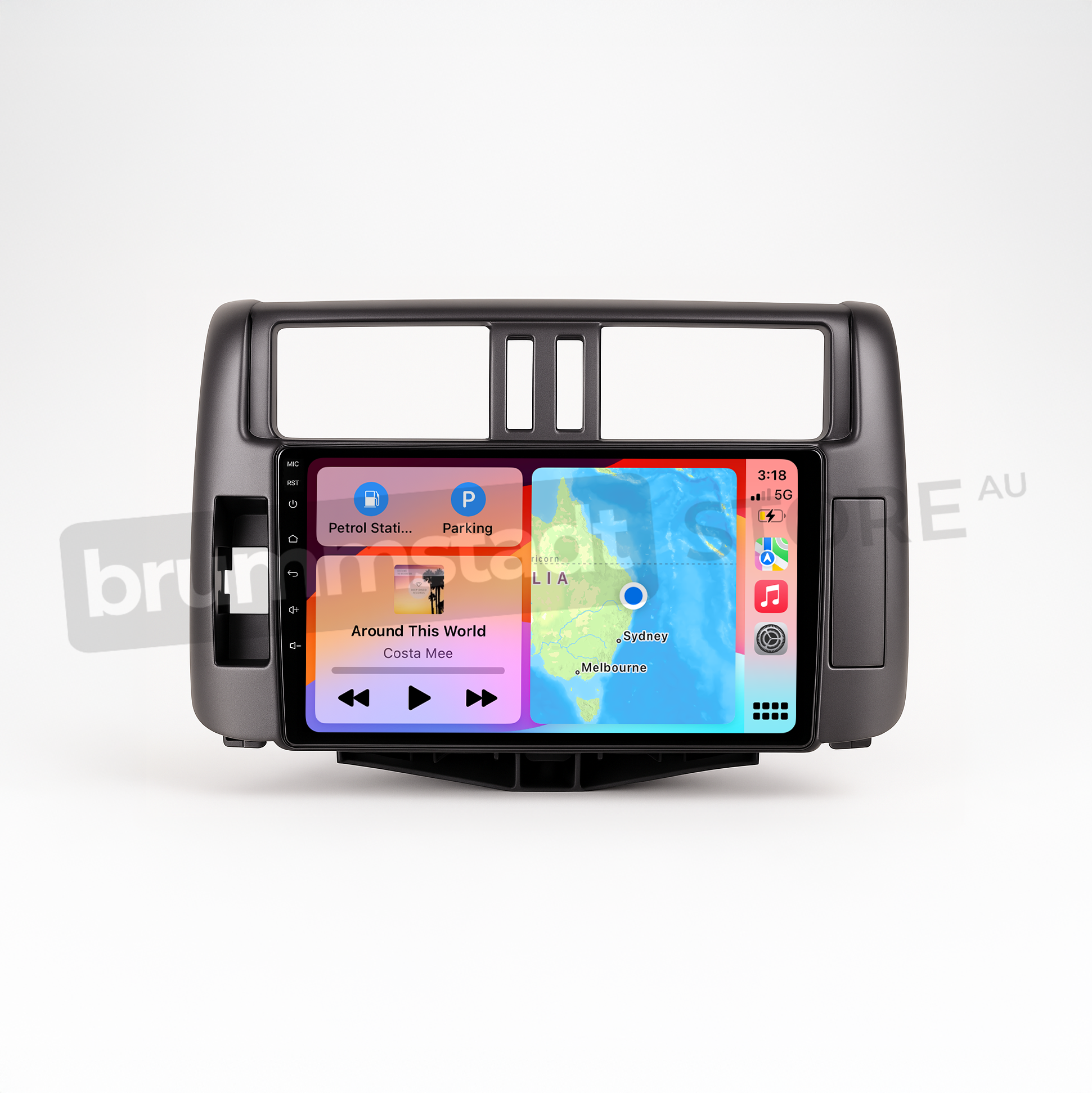 Brummstadt head unit for Toyota Prado 2009-2013, black frame with capacitive touchscreen, Apple CarPlay interface displaying Google Maps, Music, and Parking apps, designed for navigation and communication in Toyota Prado vehicles.