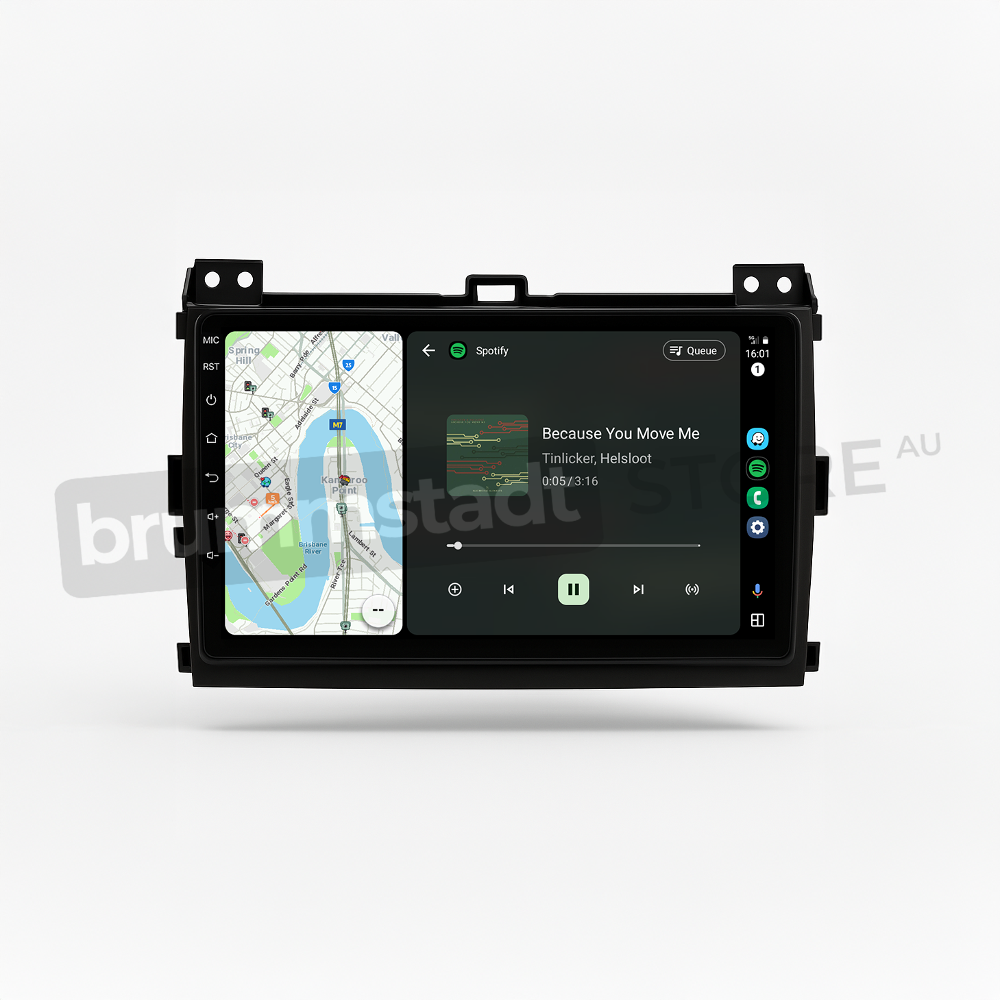 Brummstadt head unit for Toyota Prado 2003-2009, featuring a black frame with a touchscreen interface displaying Apple CarPlay and Android Auto. The interface shows Google Maps for navigation and Spotify app for music, enhancing connectivity and multimedia experience in Toyota Prado vehicles.