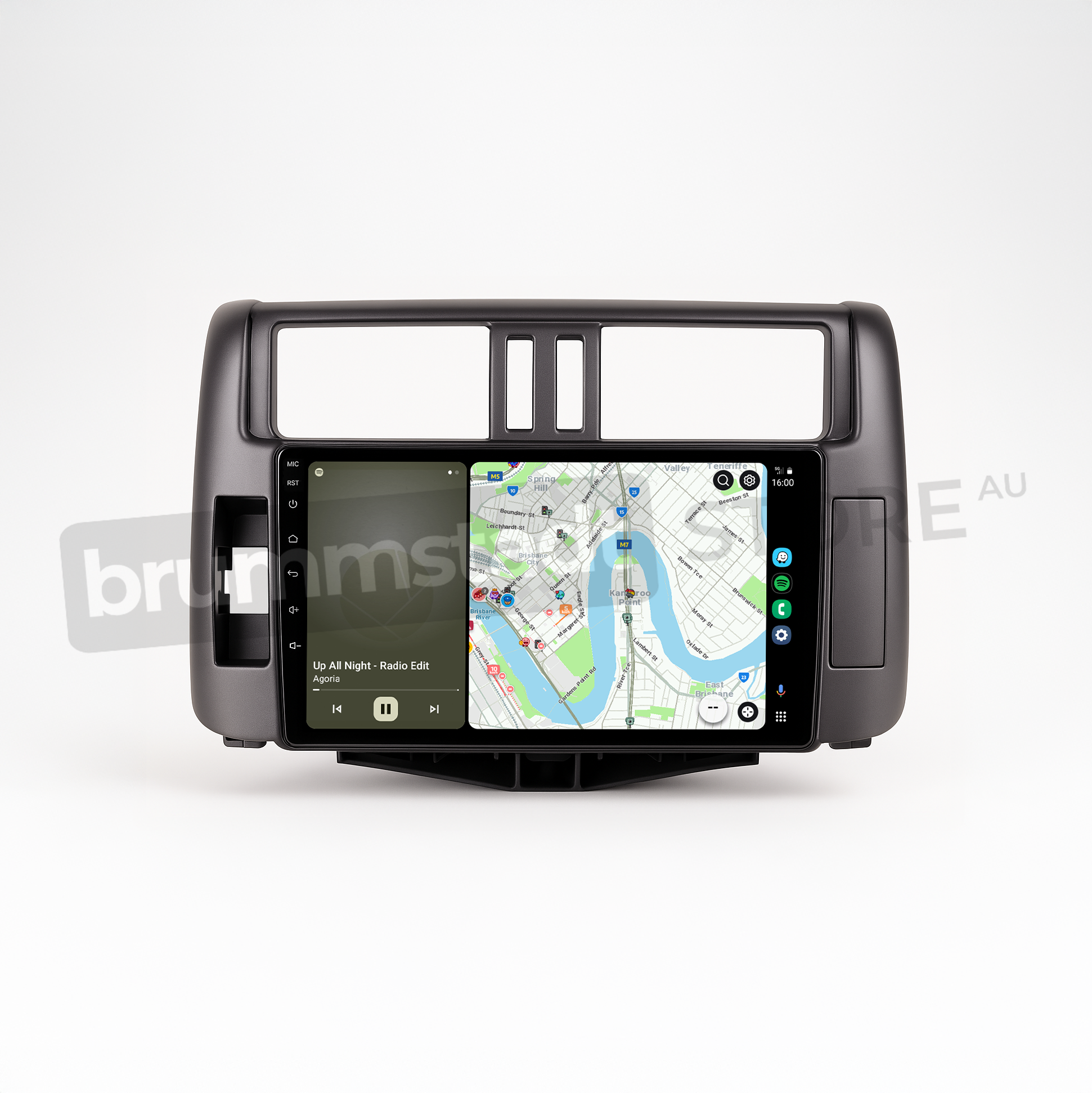 Brummstadt head unit for Toyota Prado 2009-2013, grey frame with a touchscreen interface, displaying Apple CarPlay with Google Maps, and a music player interface for streaming purposes, ideal for navigation and communication in Toyota Prado vehicles.