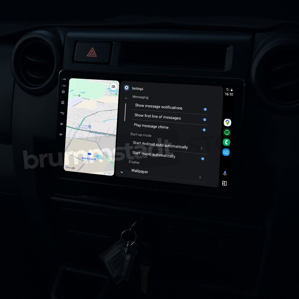 Brummstadt, Toyota Land Cruiser 70 76 78 79 Series 1984-2025, Toyota Land Cruiser head unit displaying Android Auto interface, featuring a settings menu with options for message notifications, message chime, and automatic Android Auto start. Visible elements include a map on the left, time displayed as 16:10, and a dark theme interface. Android Auto provides seamless integration for navigation and communication.