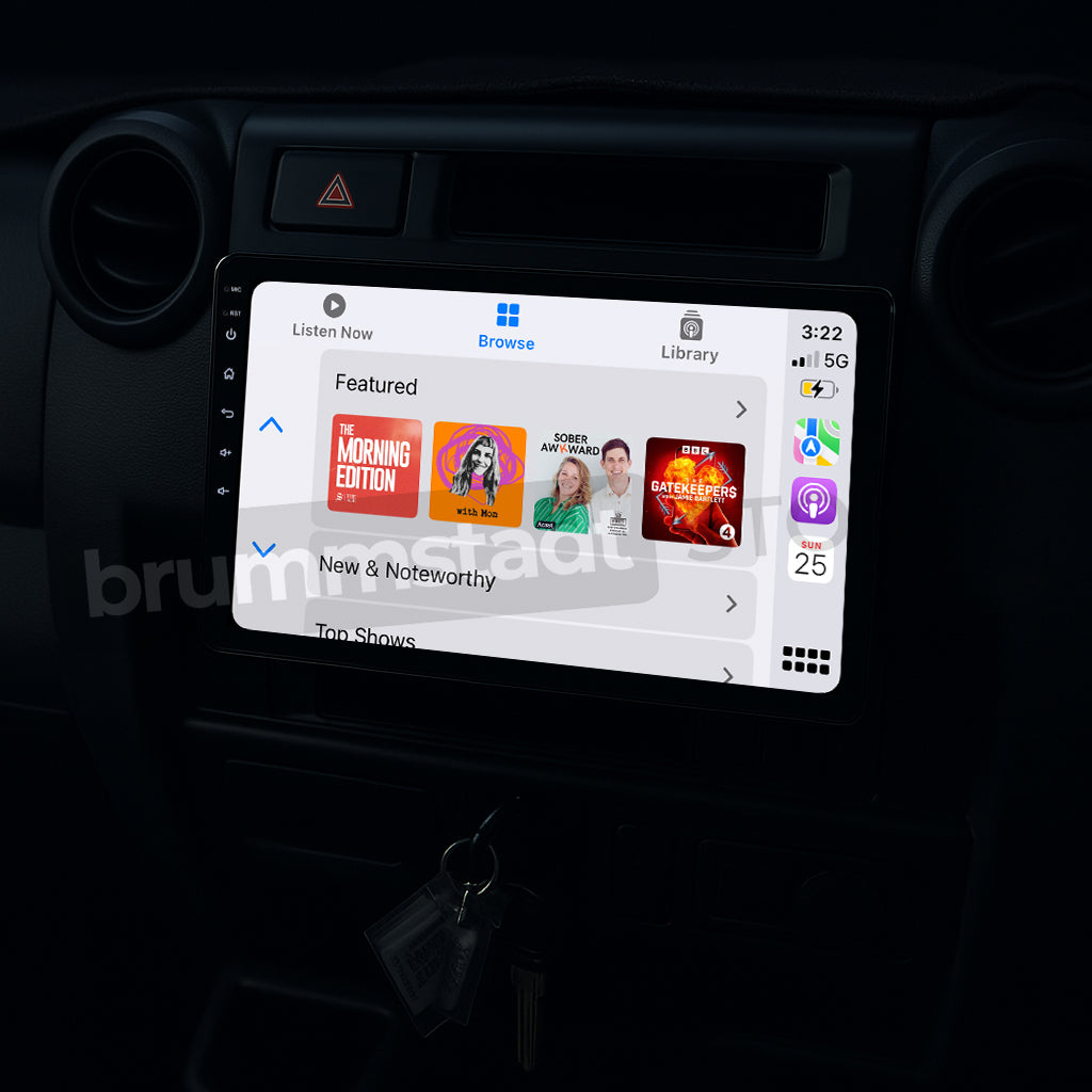 Brummstadt, Toyota Land Cruiser 70 1984-2025, featuring Apple CarPlay interface, Toyota Land Cruiser 70, showcasing apps like Podcasts, Calendar, and Music, visible icons for Library and Browse, time displayed as 3:22, network signal at 5G, battery icon, intuitive layout with easy access to featured content, enhancing user experience with seamless connectivity and modern infotainment features.