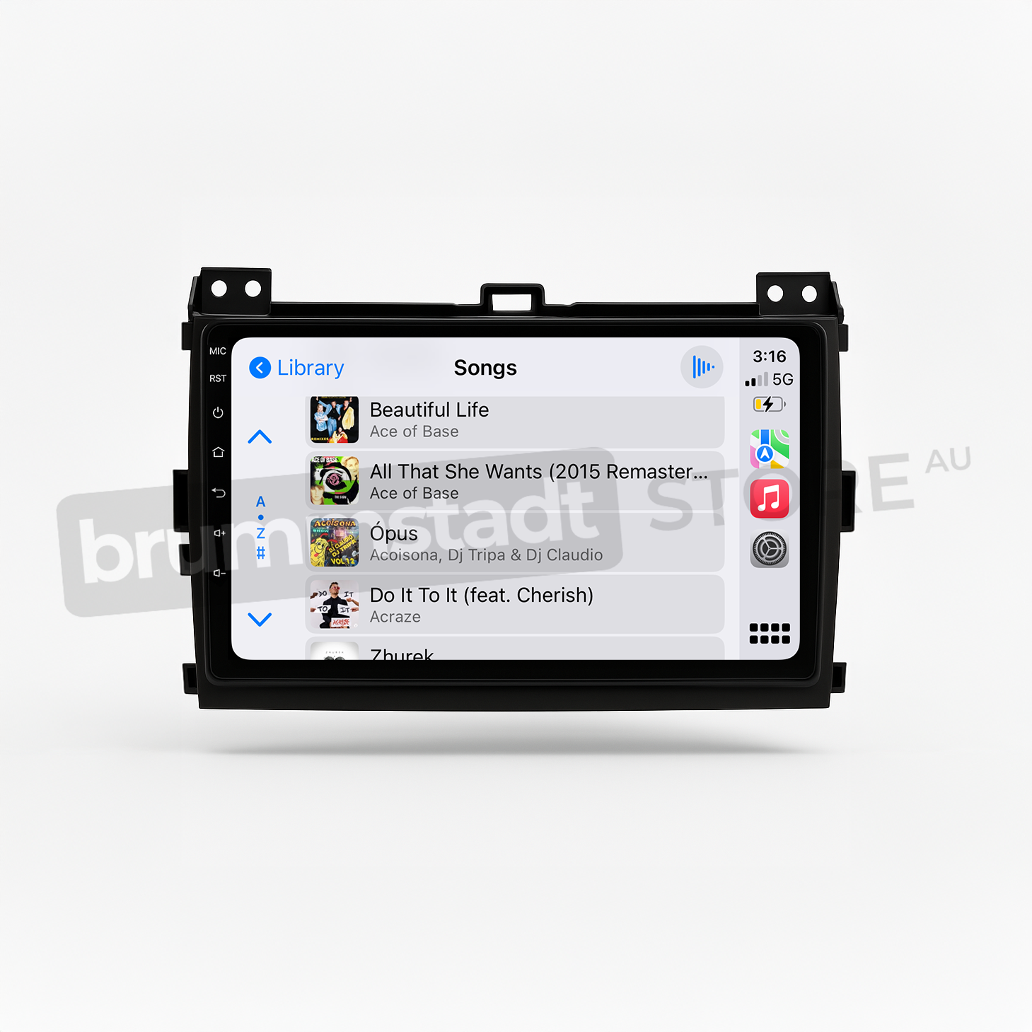 Brummstadt head unit for Toyota Prado 2003-2009, black frame with capacitive buttons and a touchscreen interface displaying Apple CarPlay, featuring apps such as Library, Songs, and music playing from the interface, upgrade for navigation and entertainment in the Toyota Prado interiors.
