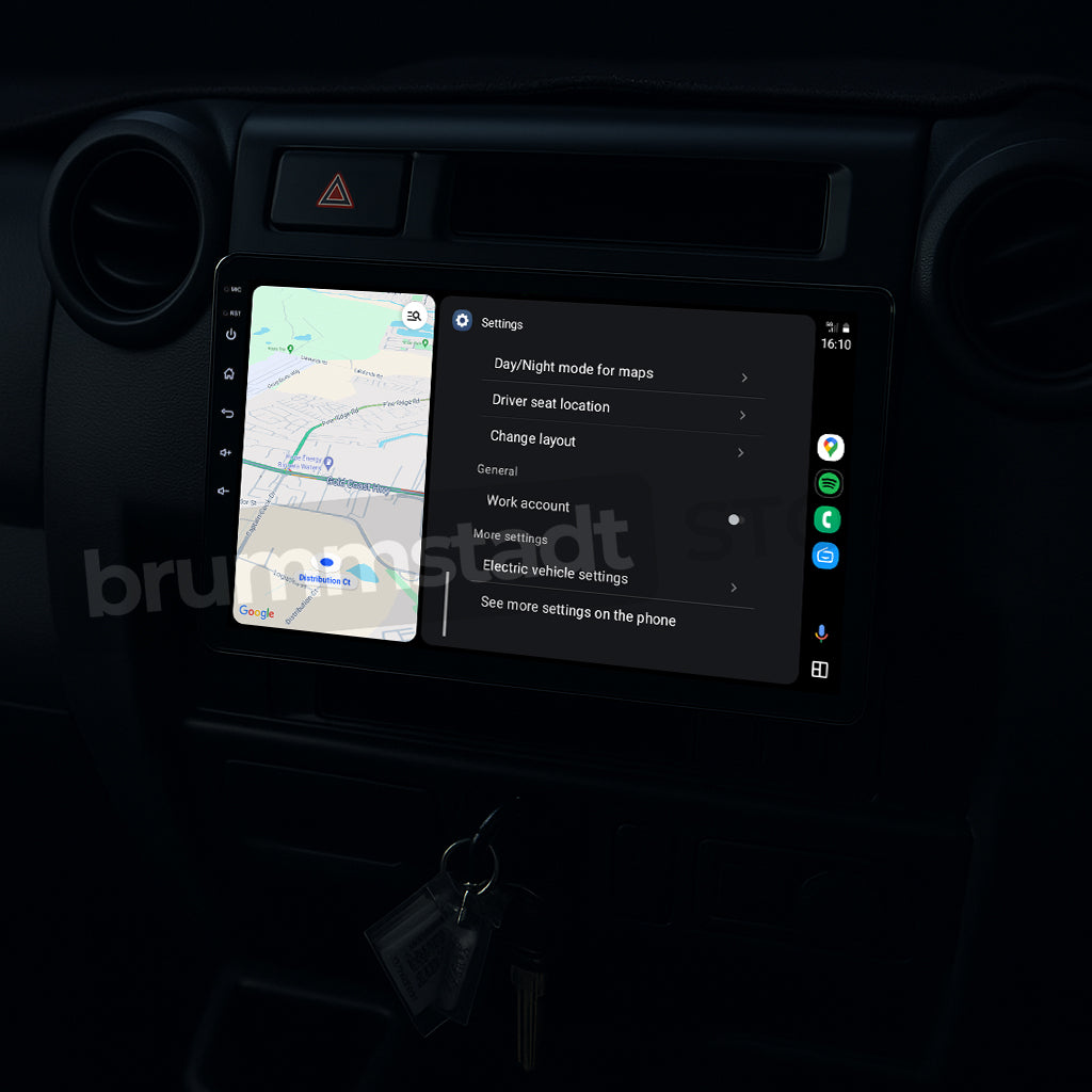 Brummstadt, Toyota Land Cruiser 70 Series 1984-2025, Toyota Land Cruiser 70 Series head unit featuring Android Auto, showcasing a split-screen interface with Google Maps on the left and settings menu on the right, visible icons include settings, maps, and user account, clear display of day/night mode, seat location, and vehicle settings, highlighting seamless integration and user-friendly navigation.