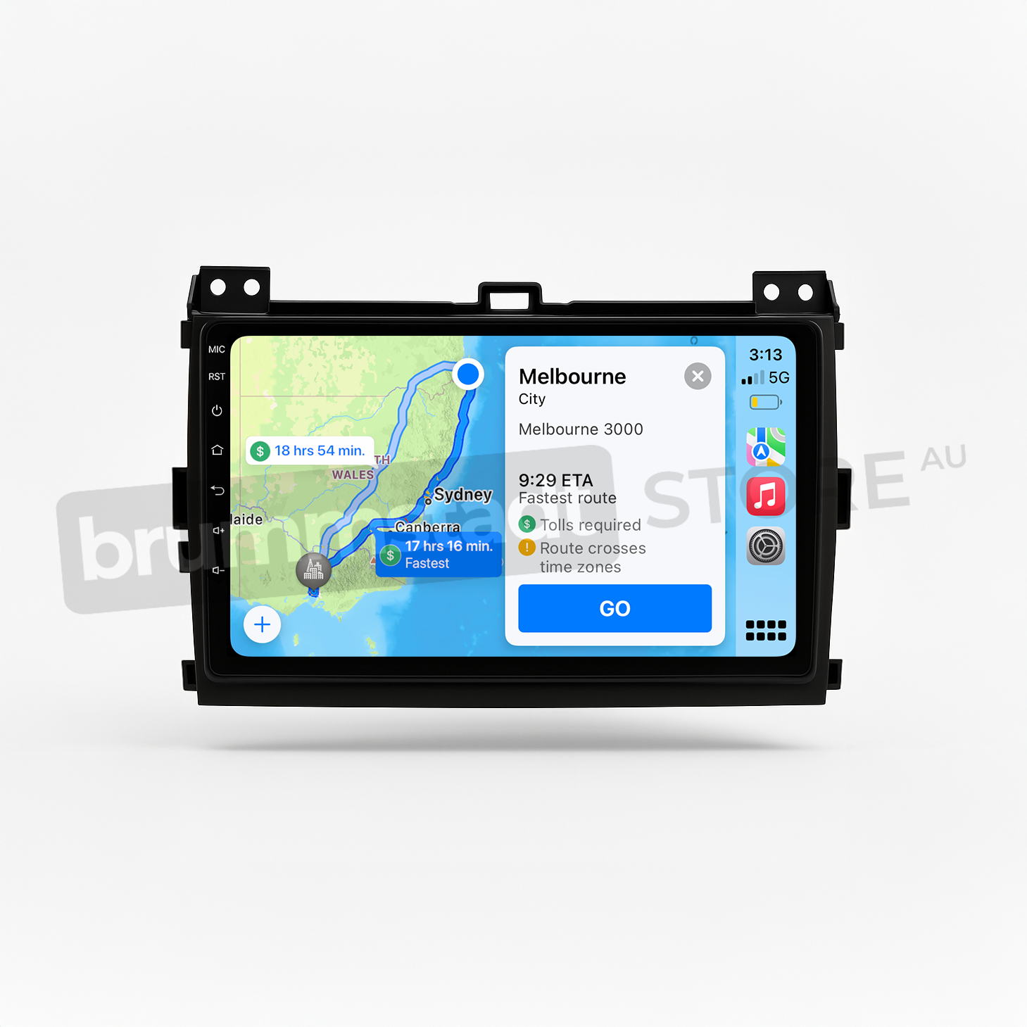 Brummstadt head unit for Toyota Prado 2003-2009, black frame with capacitive buttons, Apple CarPlay interface displaying navigation with Google Maps showing route from Sydney to Melbourne, complete with ETA and distance, touchscreen interface designed for enhanced navigation in Toyota Prado.