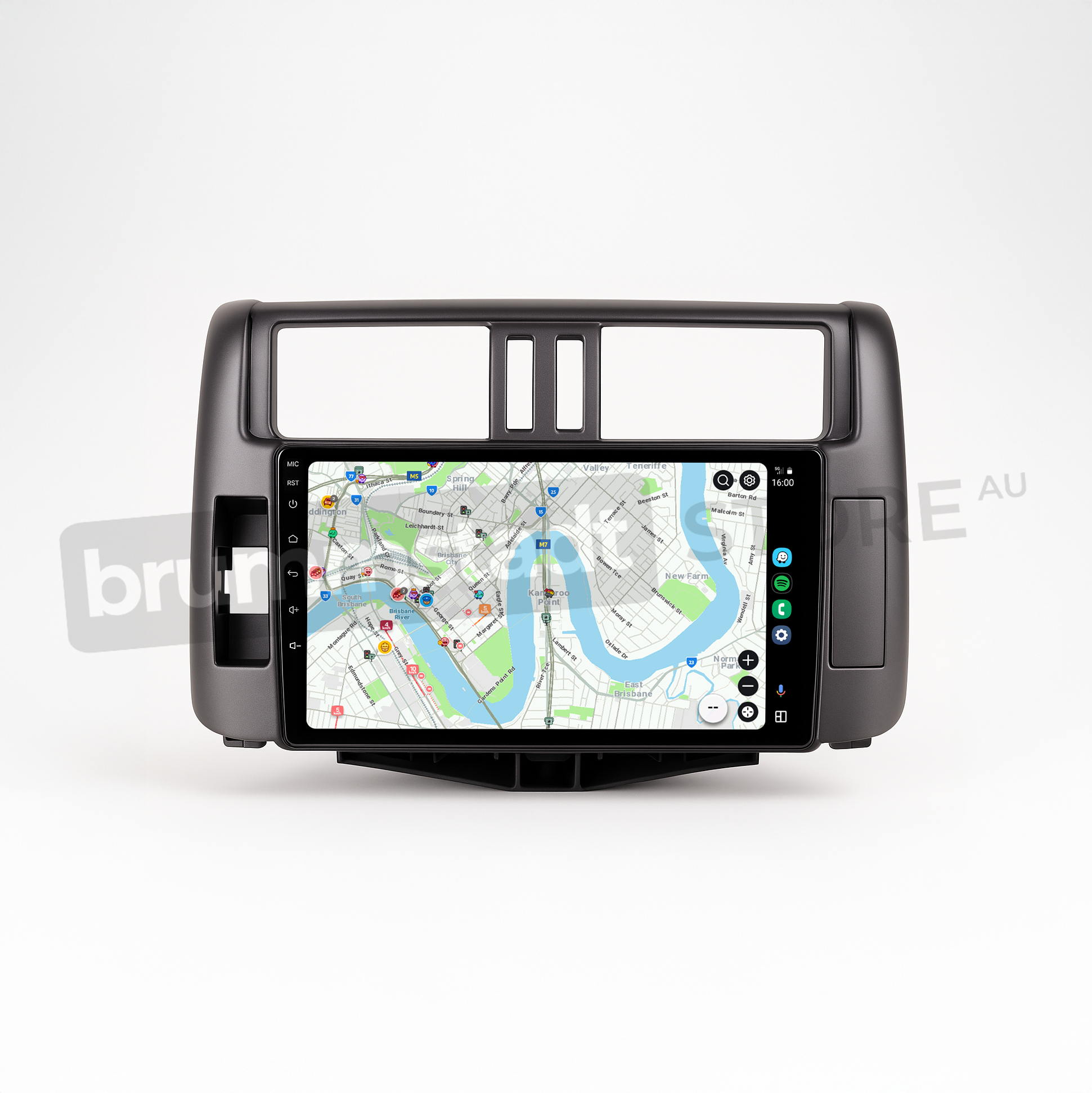 Brummstadt head unit for Toyota Prado 2009-2013, designed with a black frame and a large touchscreen, displaying Apple CarPlay interface with Google Maps and navigation features, visible controls for home and volume, providing upgrade options for navigation and communication in Toyota Prado vehicles.