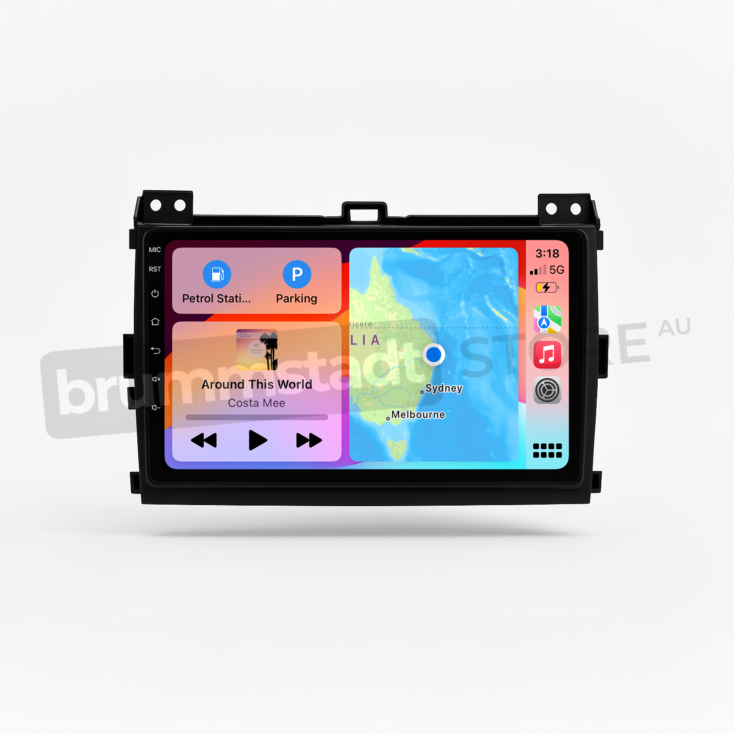 Brummstadt head unit for Toyota Prado 2003-2009, featuring a black frame and a vibrant touchscreen interface, displaying Apple CarPlay with apps like Google Maps, Music, and navigation options for Sydney and Melbourne, along with controls for volume and track selection, perfect for enhancing communication and navigation in the Toyota Prado.