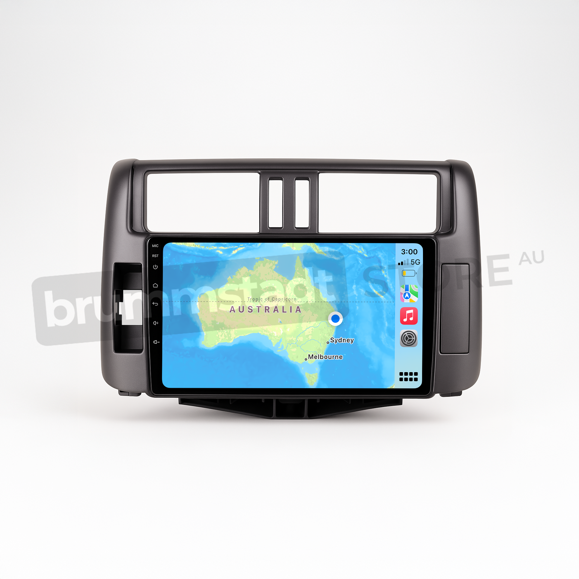 Brummstadt head unit for Toyota Prado 2009-2013, black frame with a touchscreen displaying Apple CarPlay interface featuring Google Maps, showing Australian map including Melbourne, touchscreen upgrade for navigation and communication in Toyota Prado.