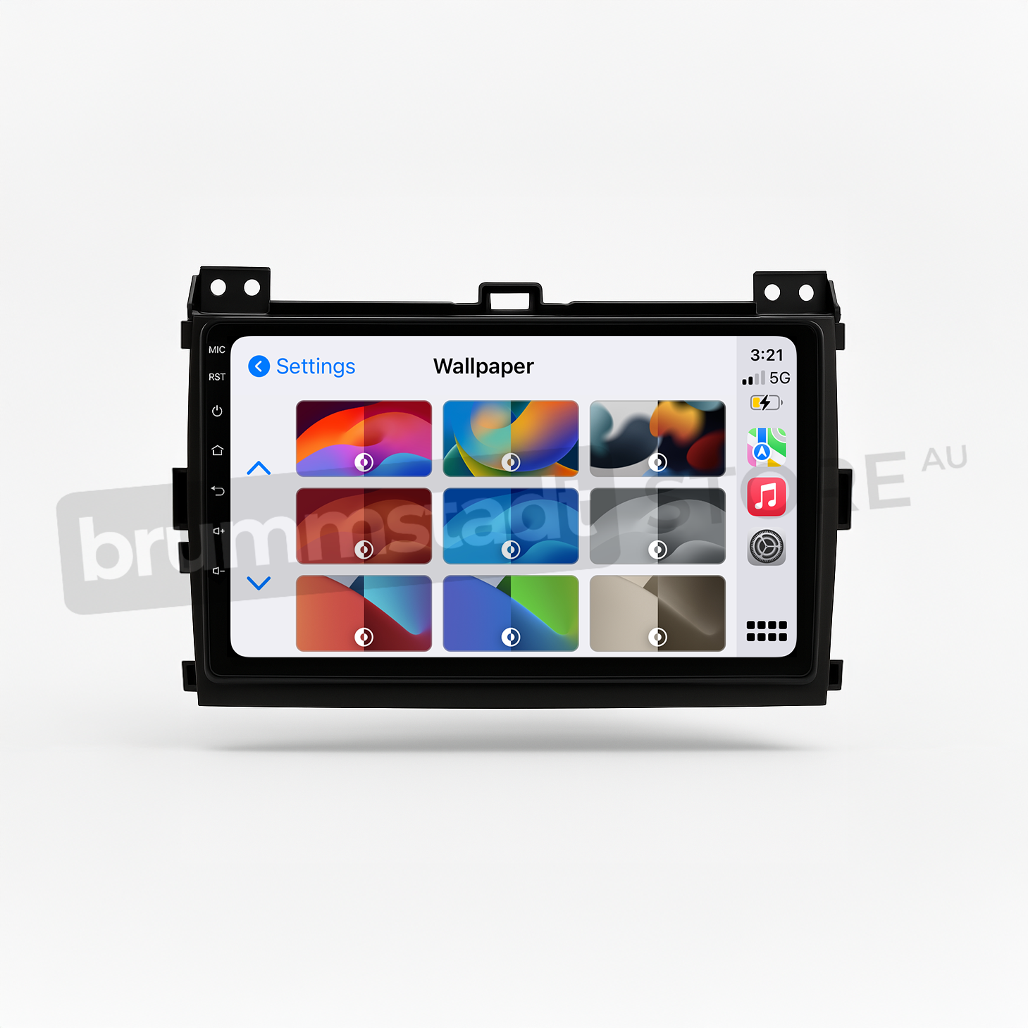 Brummstadt head unit for Toyota Prado 2003-2009, featuring a sleek black frame, a responsive touchscreen interface with Apple CarPlay displaying settings options, and recognizable app icons such as Music and Messages. This unit enhances navigation and communication capabilities, making it an ideal upgrade for Toyota Prado 2003-2009 interiors.