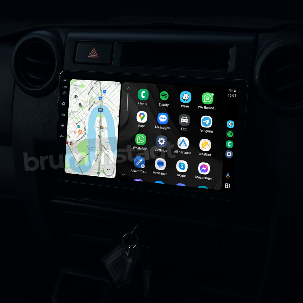 Brummstadt, Toyota Land Cruiser 70 Series 1984-2025, Android Auto interface, featuring Toyota Land Cruiser, displaying Google Maps with route guidance, app icons including Phone, Spotify, Messages, and WhatsApp, visible network and battery status, user-friendly layout, enhancing driving experience with seamless connectivity, Brummstadt premium infotainment system upgrade.