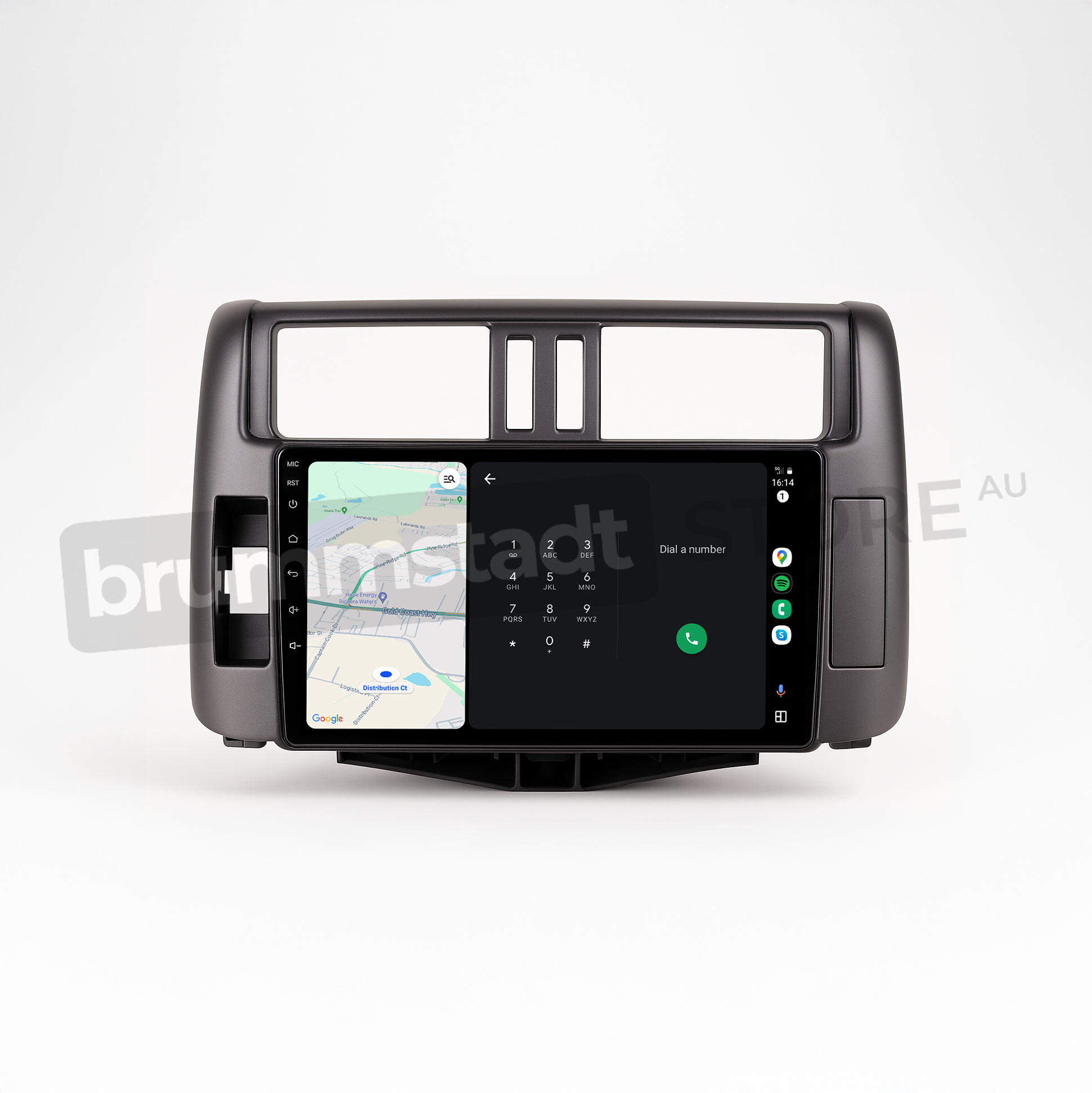Brummstadt head unit for Toyota Prado 2009-2013, black frame with a large touchscreen display, Apple CarPlay interface showing Google Maps for navigation and a contact screen for dialling a number. The head unit includes features compatible with wireless and wired Apple CarPlay, ensuring easy access to navigation and communication in Toyota Prado vehicles.