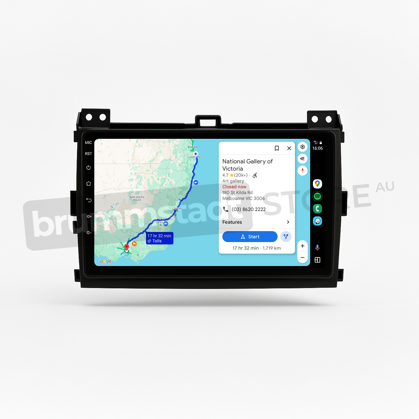 Brummstadt head unit for Toyota Prado 2003-2009, black frame with mounted touchscreen displaying Apple CarPlay interface, featuring Google Maps with route navigation to National Gallery of Victoria, incorporating additional recognizable app icons for Spotify and WhatsApp, designed for enhanced infotainment experience in Toyota Prado vehicles.