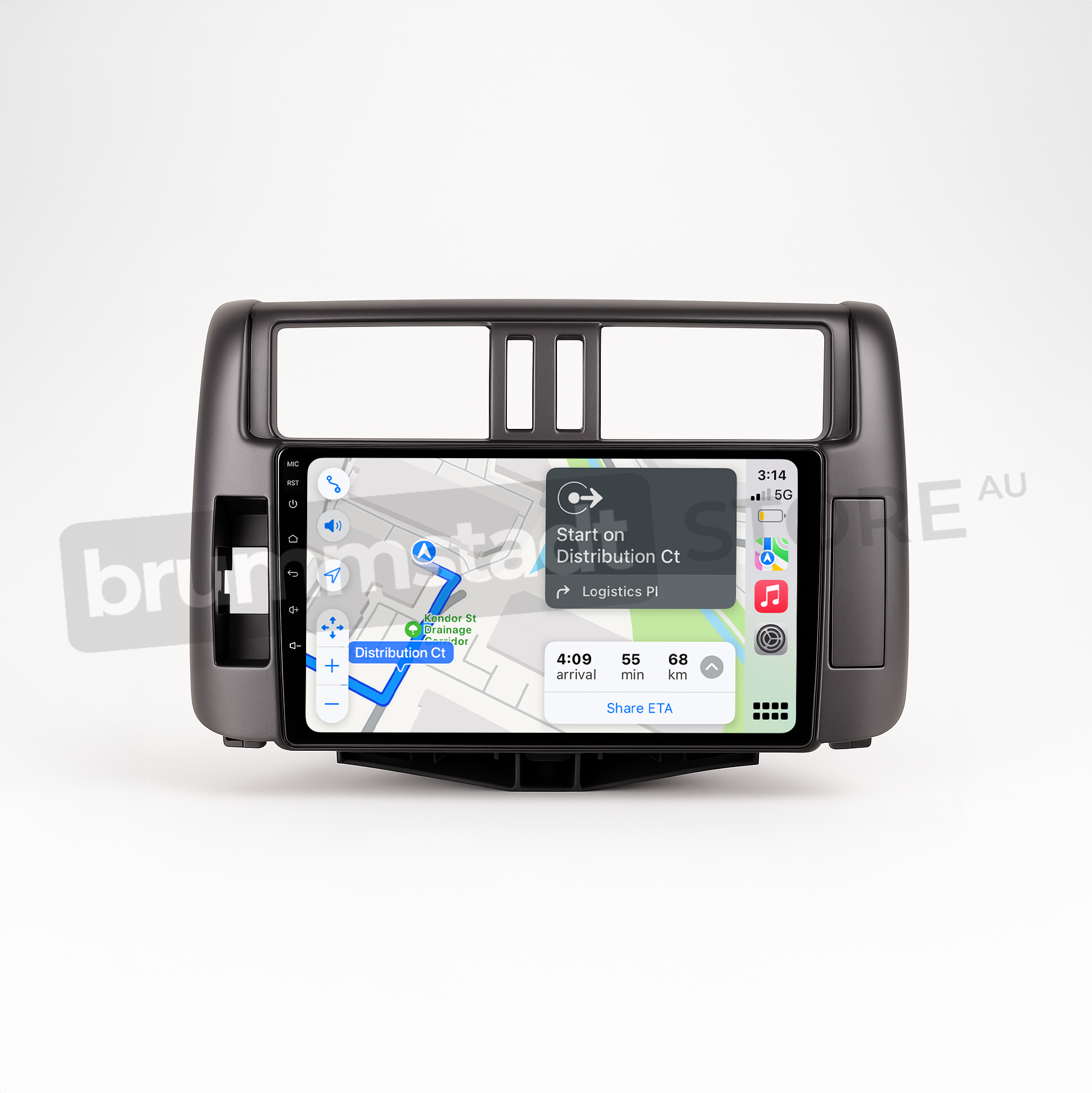 Brummstadt head unit for Toyota Prado 2009-2013, black frame, Apple CarPlay interface displaying Google Maps with navigation to Distribution Ct, touchscreen upgrade for efficient routing in Toyota Prado vehicles.