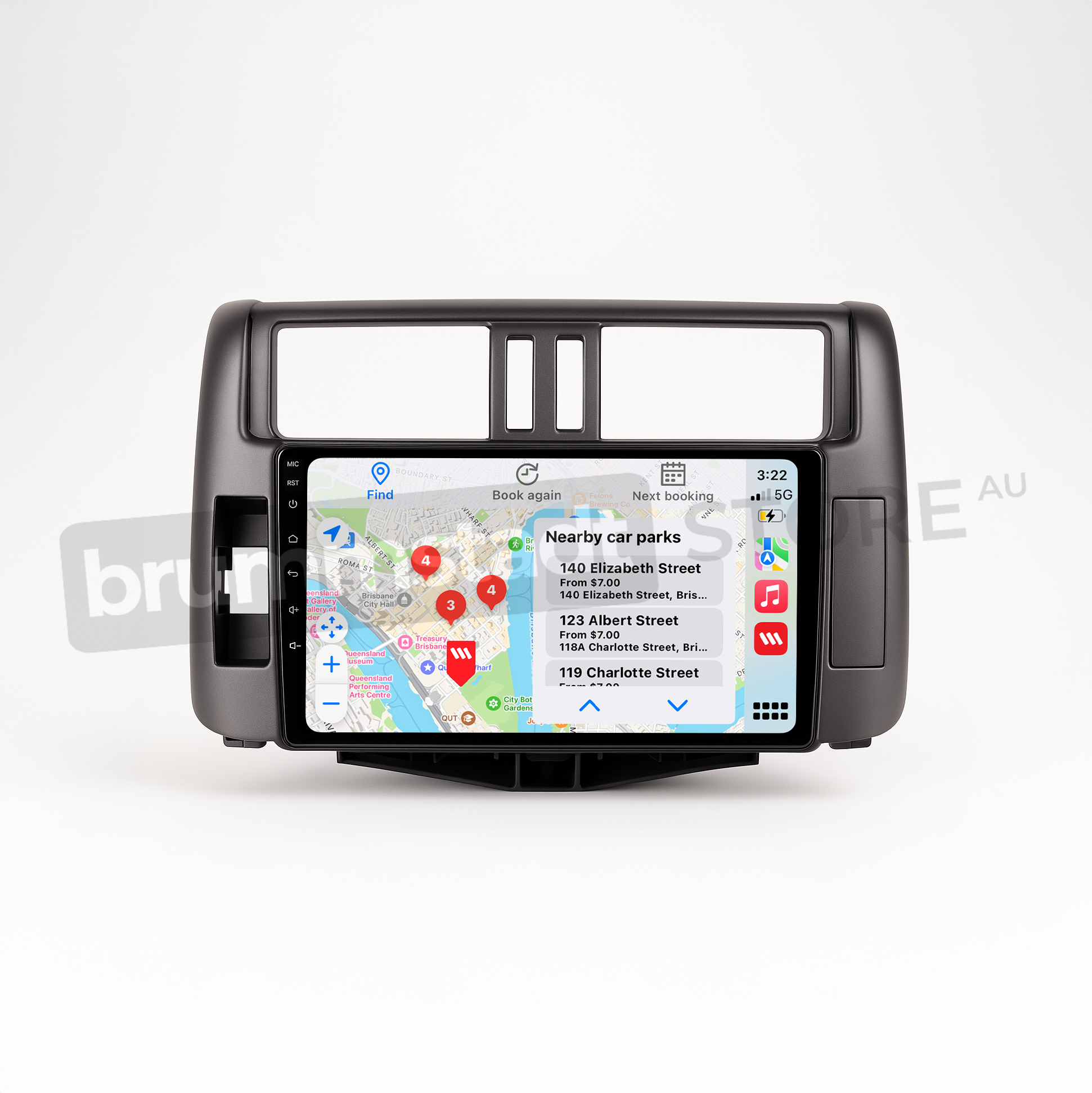 Brummstadt head unit for Toyota Prado 2009-2013, sleek black design, featuring both Apple CarPlay and Android Auto interfaces displaying Google Maps with nearby car parks, and various music applications visible on touchscreen, providing navigation and entertainment options for Toyota Prado.