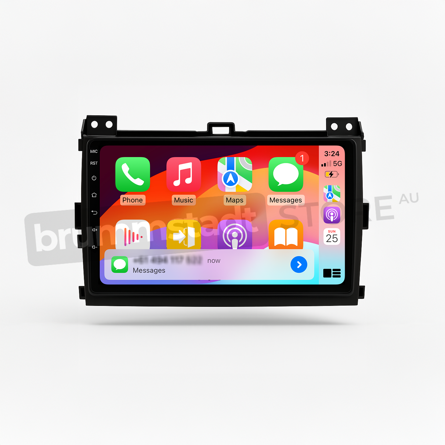 Brummstadt head unit for Toyota Prado 2003-2009, featuring a black frame and touchscreen interface with Apple CarPlay displayed, showcasing apps like Google Maps, Music, Phone, and Messages, designed for improved navigation and communication in Toyota Prado interiors.