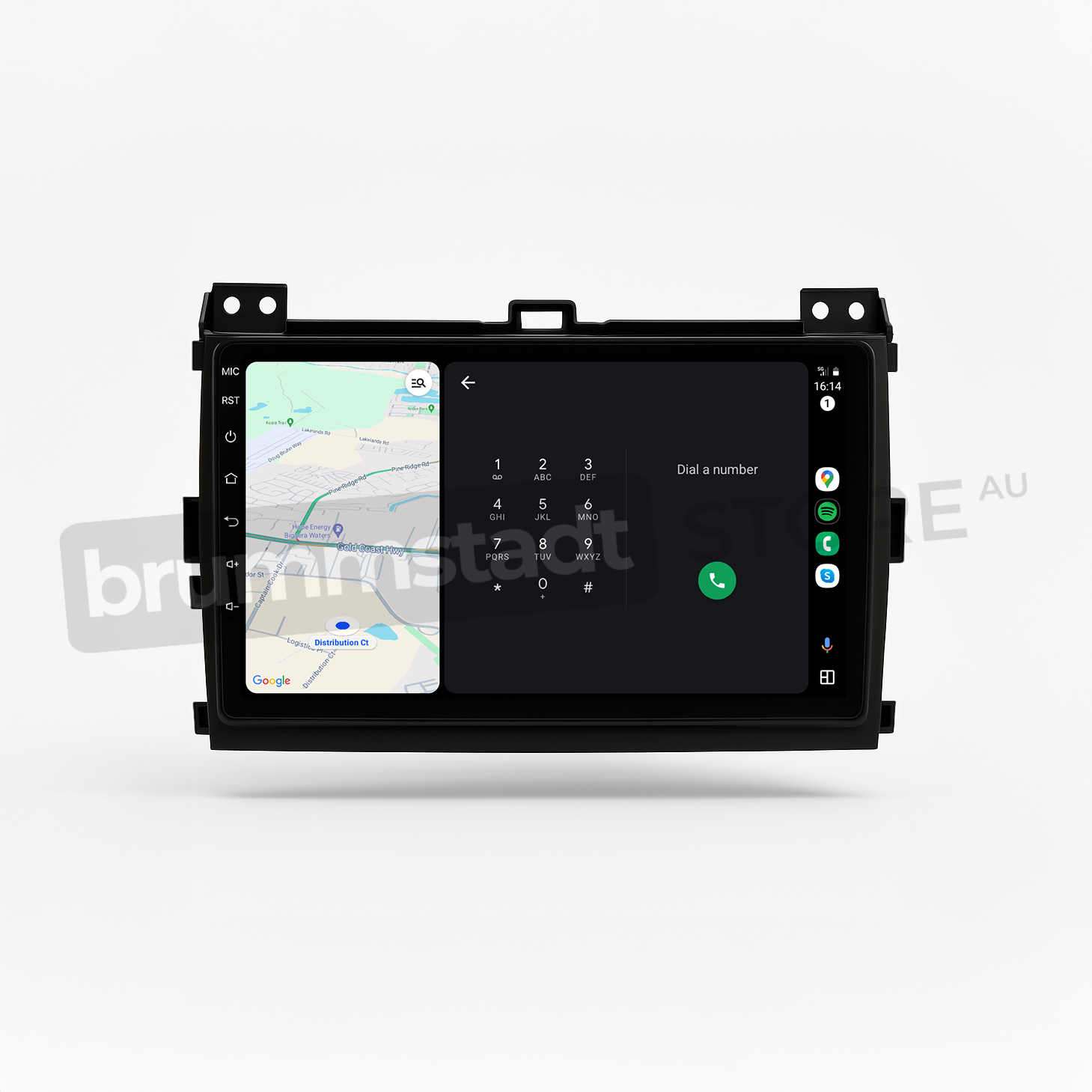 Brummstadt head unit for Toyota Prado 2003-2009, displaying Apple CarPlay interface with Google Maps navigation, dial pad, and calling features, touchscreen upgrade designed for enhancing communication and navigation in Toyota Prado vehicles.