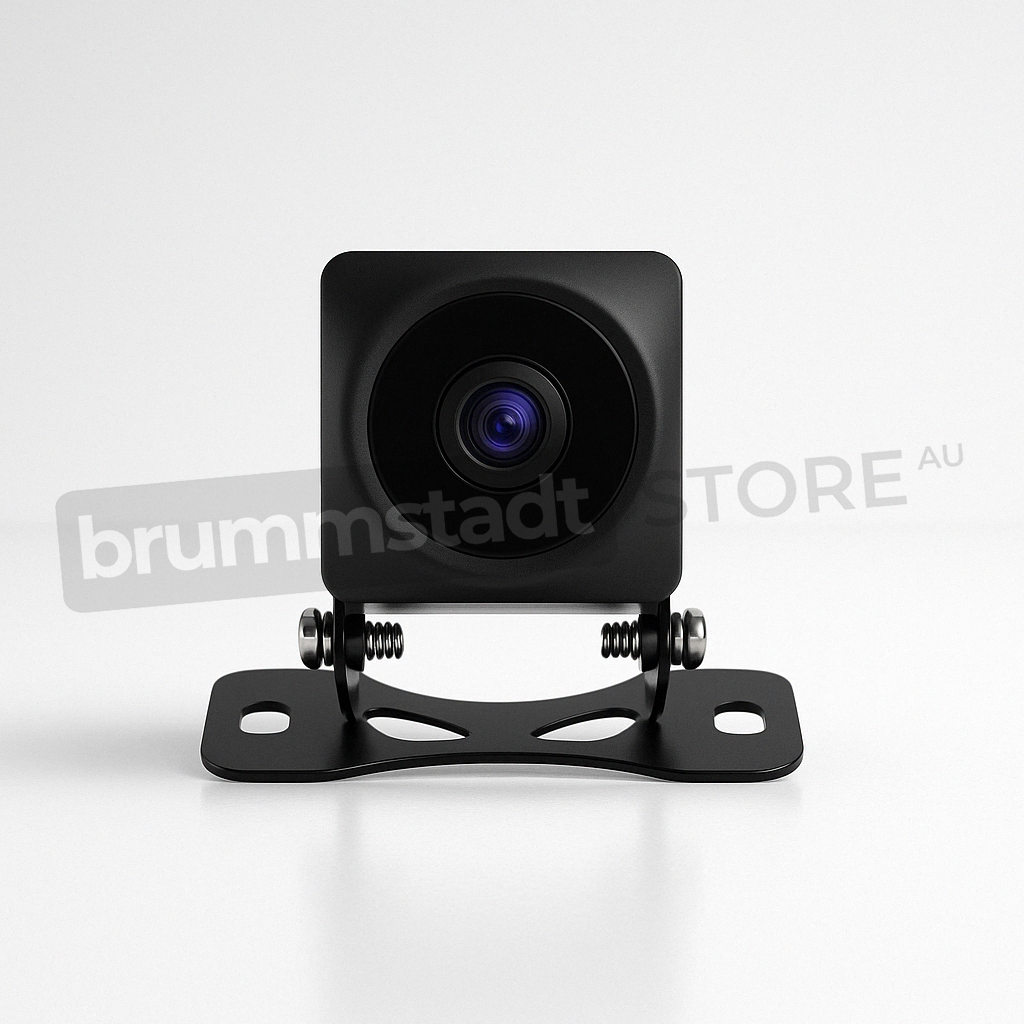 Brummstadt AHD 1080p rear parking camera mounted on a durable black bracket, featuring a wide-angle lens for reversing assistance, captured in a seamless white studio setup with soft shadows.