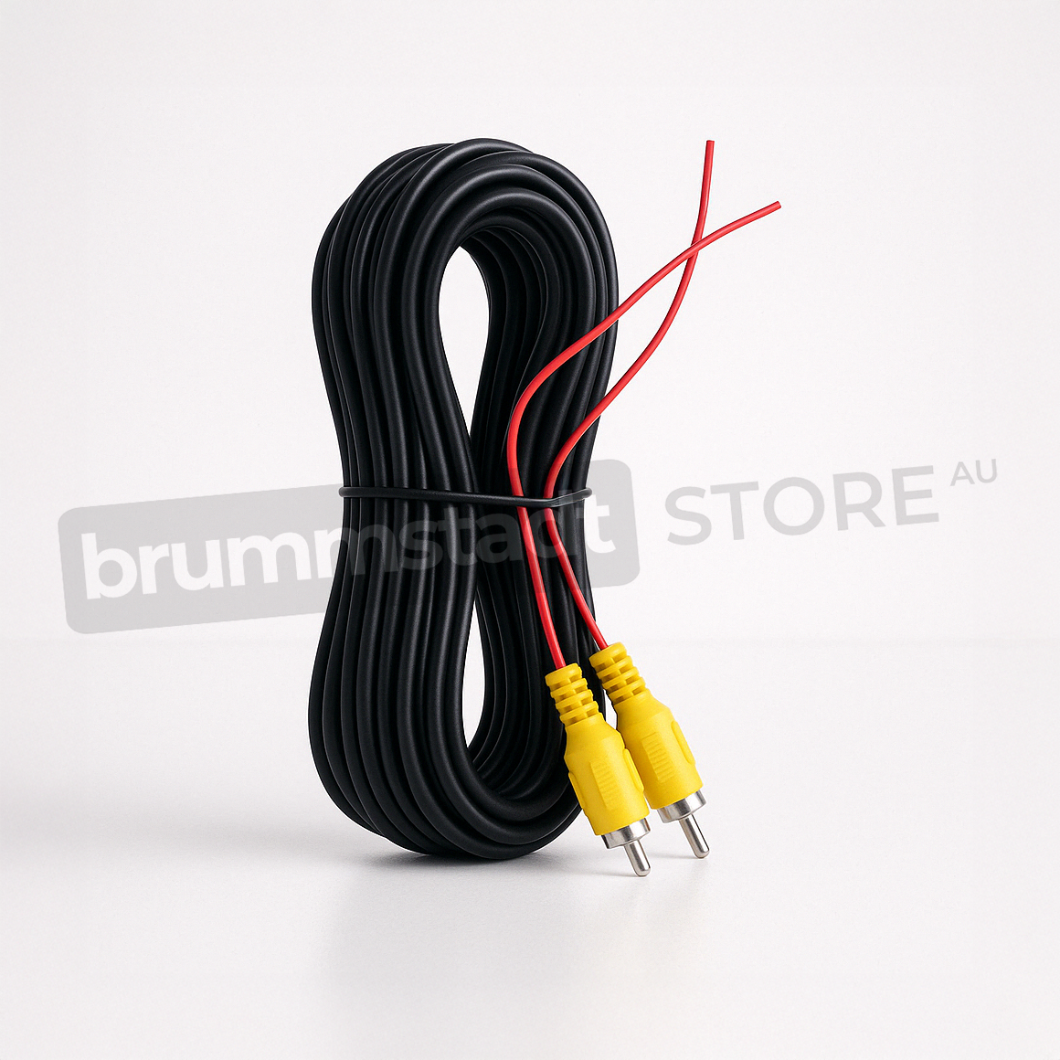 10-meter rear camera extension cable with yellow RCA connectors and integrated red power wires, coiled neatly on a white studio background. Ideal for long vehicle installations, sold by Brummstadt Store Australia.