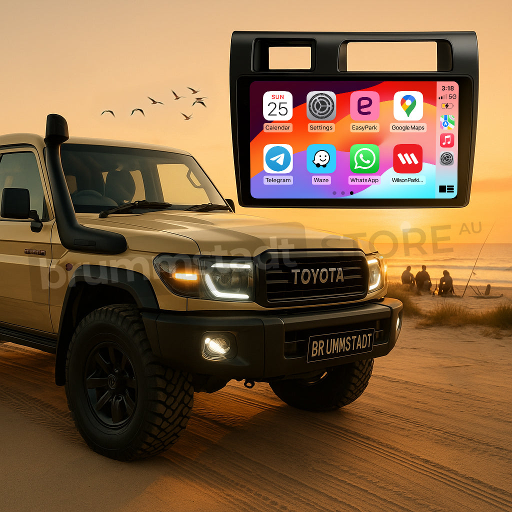 Brummstadt, Toyota Land Cruiser 70 Series 1984-2025, Toyota Land Cruiser, Apple CarPlay interface with colorful app icons including Calendar, Settings, EasyPark, Google Maps, Telegram, Waze, WhatsApp, Viber, and Spotify, visible on a high-resolution touchscreen, showcasing a user-friendly layout with clear app labels, enhancing the driving experience with seamless connectivity and modern infotainment features.