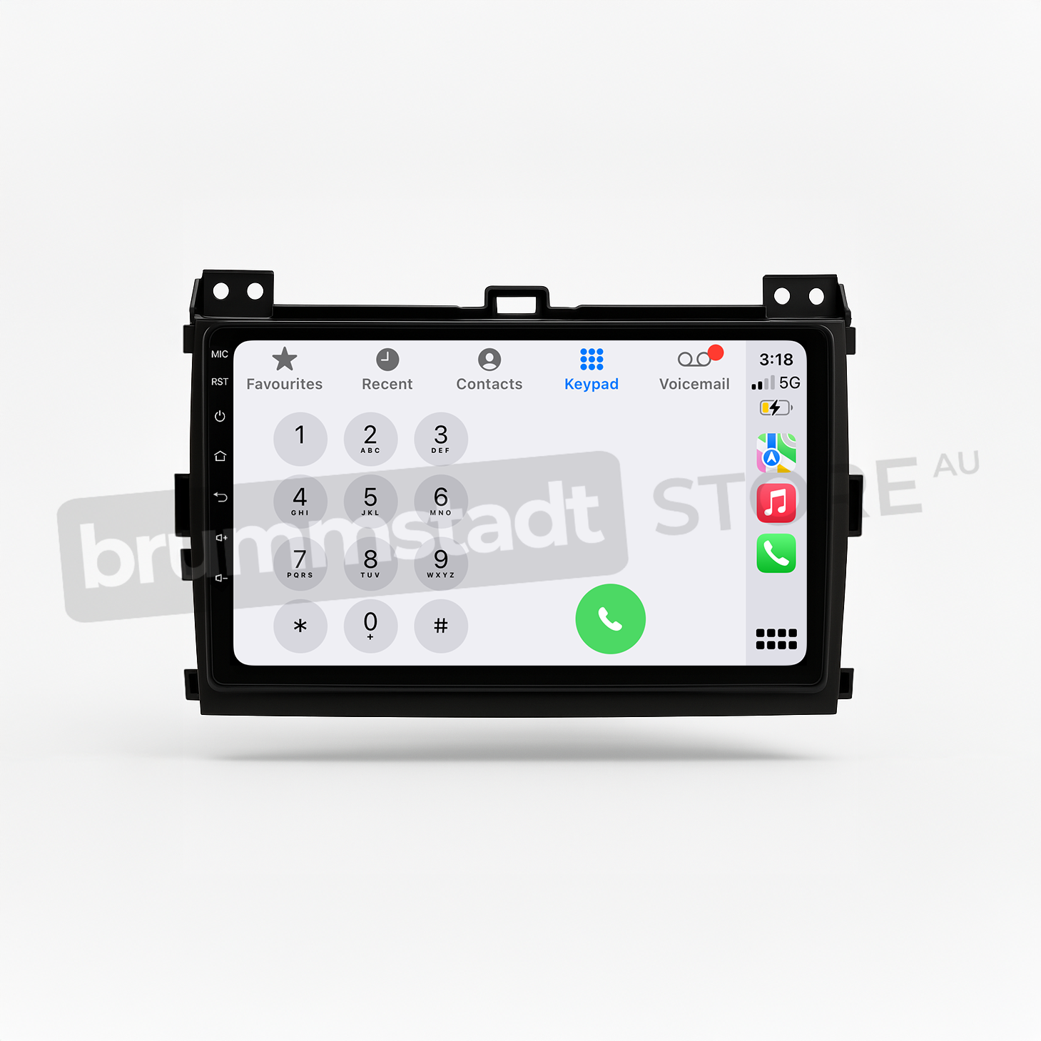 Brummstadt head unit for Toyota Prado 2003-2009, featuring a black frame, touchscreen interface, and Apple CarPlay displaying a keypad, contacts, and recent calls, ideal for navigation and communication in Toyota Prado vehicles.