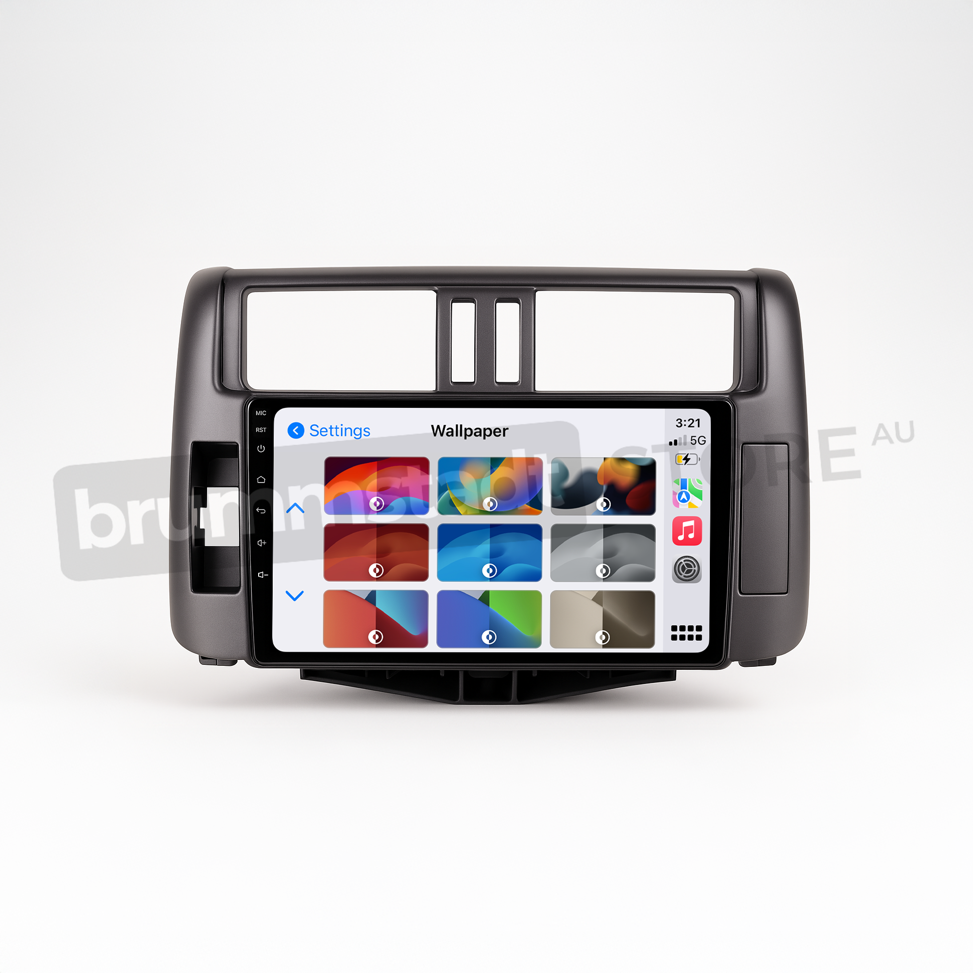 Brummstadt head unit for Toyota Prado 2009-2013, black frame with a touchscreen interface, displaying Apple CarPlay settings, wallpaper options, and recognizable icons for customization. This head unit is designed for Toyota Prado, enhancing multimedia experience with Apple CarPlay for navigation, music, and communication in your vehicle.