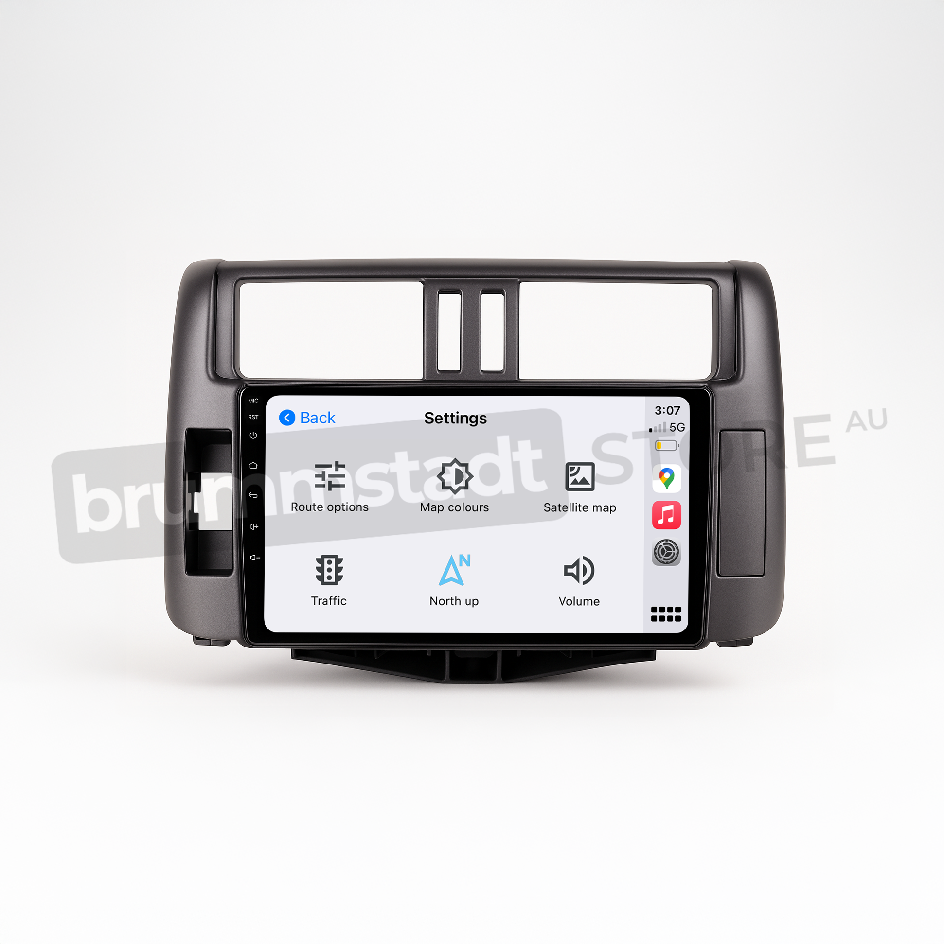 Brummstadt head unit for Toyota Prado 2009-2013, black frame with touchscreen, Apple CarPlay and Android Auto interfaces displaying settings menu options including map colors and volume controls, navigation capabilities for Australian maps, designed to enhance infotainment in Toyota Prado vehicles.