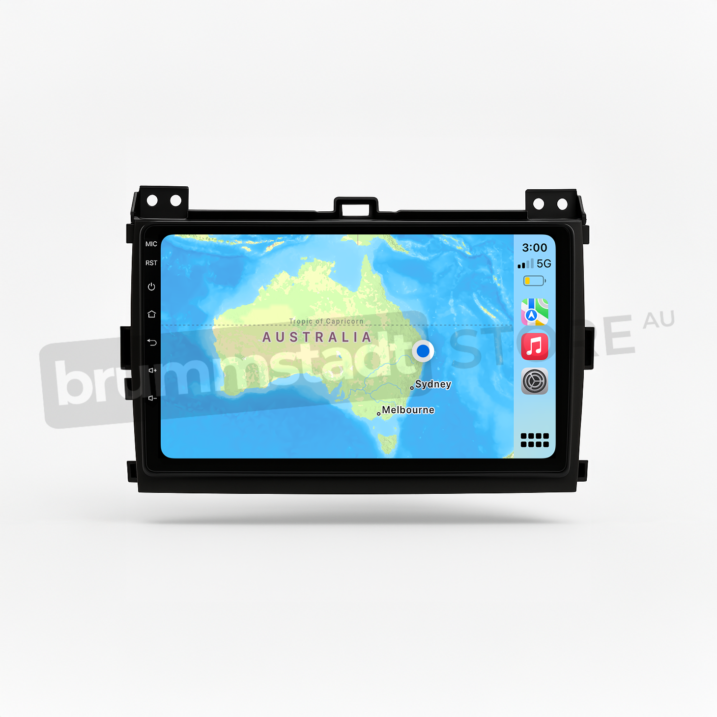 Brummstadt head unit for Toyota Prado 2003-2009, featuring a touchscreen displaying the Apple CarPlay interface with Google Maps showing Sydney and Melbourne, providing navigation capabilities alongside other compatible apps, enhancing the driving experience in Toyota Prado vehicles.