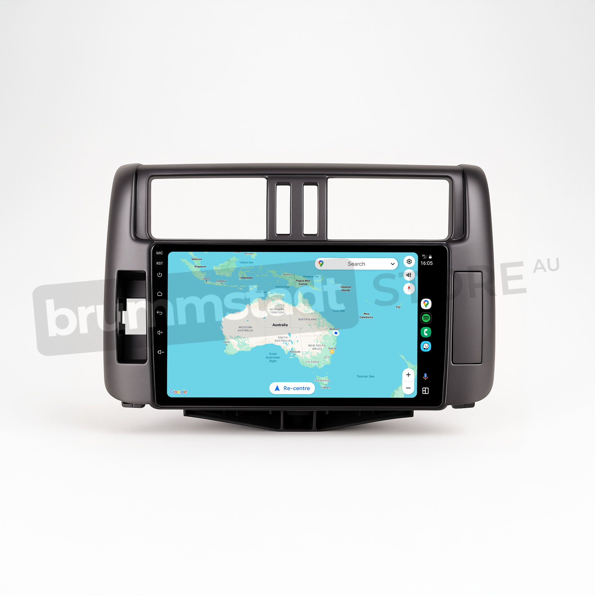 Brummstadt head unit for Toyota Prado 2009-2013, stylish frame with a large touchscreen, Apple CarPlay interface displaying Google Maps for navigation, featuring options for music and messaging apps, including Spotify and WhatsApp, perfect for enhancing connectivity in Toyota Prado vehicles.