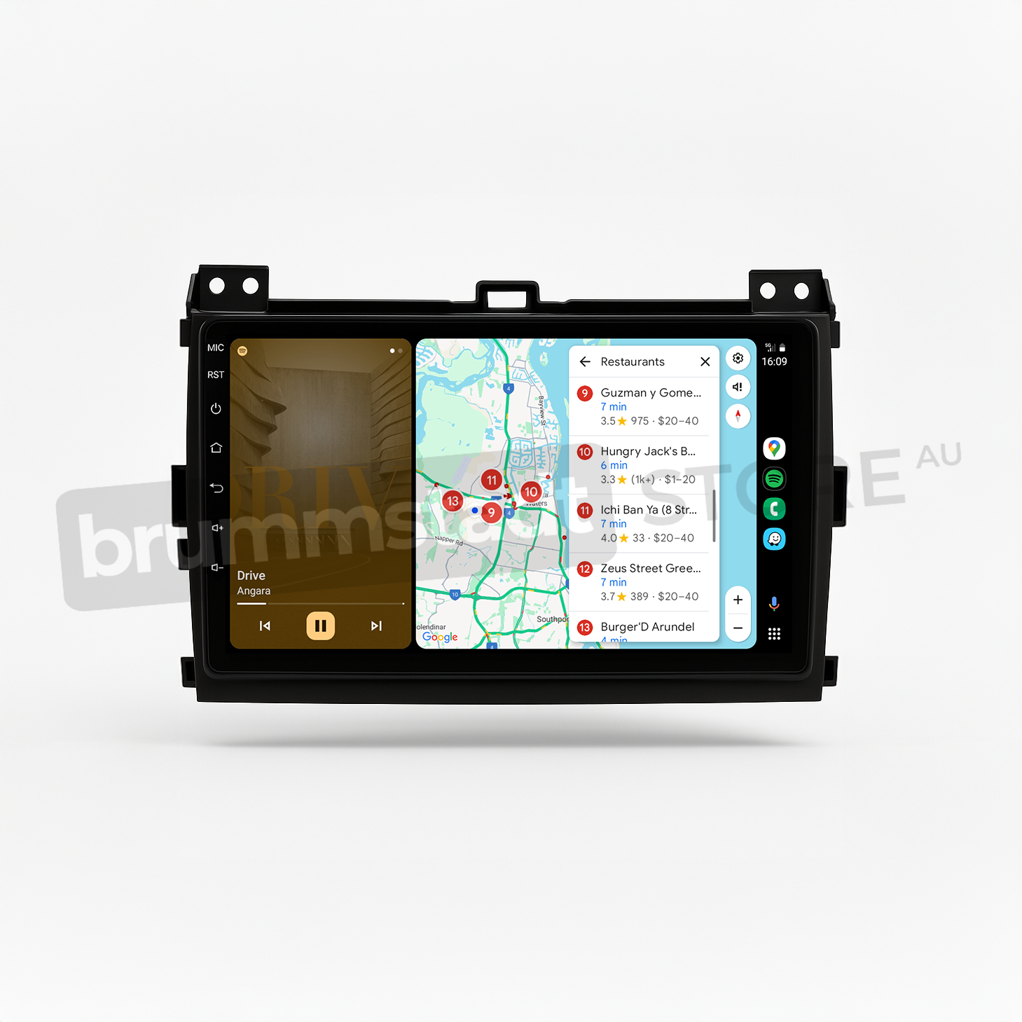 Brummstadt head unit for Toyota Prado 2003-2009, black frame with touchscreen showing Apple CarPlay interface featuring Google Maps and music playback, providing directions and access to navigation along with contact apps for messaging in Toyota Prado vehicles.