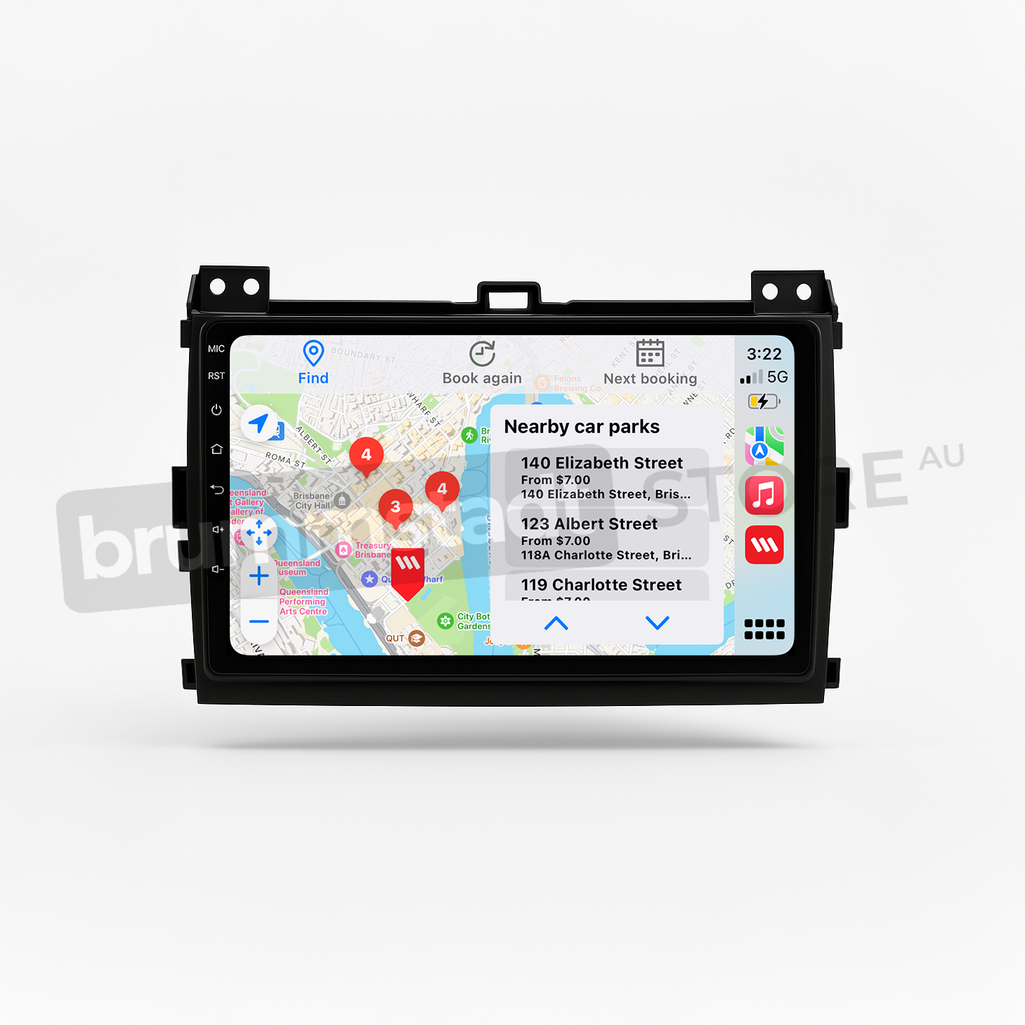 Brummstadt head unit for Toyota Prado 2003-2009, black frame, Apple CarPlay interface displaying Google Maps with nearby car parks and details, touchscreen for navigation and communication apps, designed for Toyota Prado vehicles.