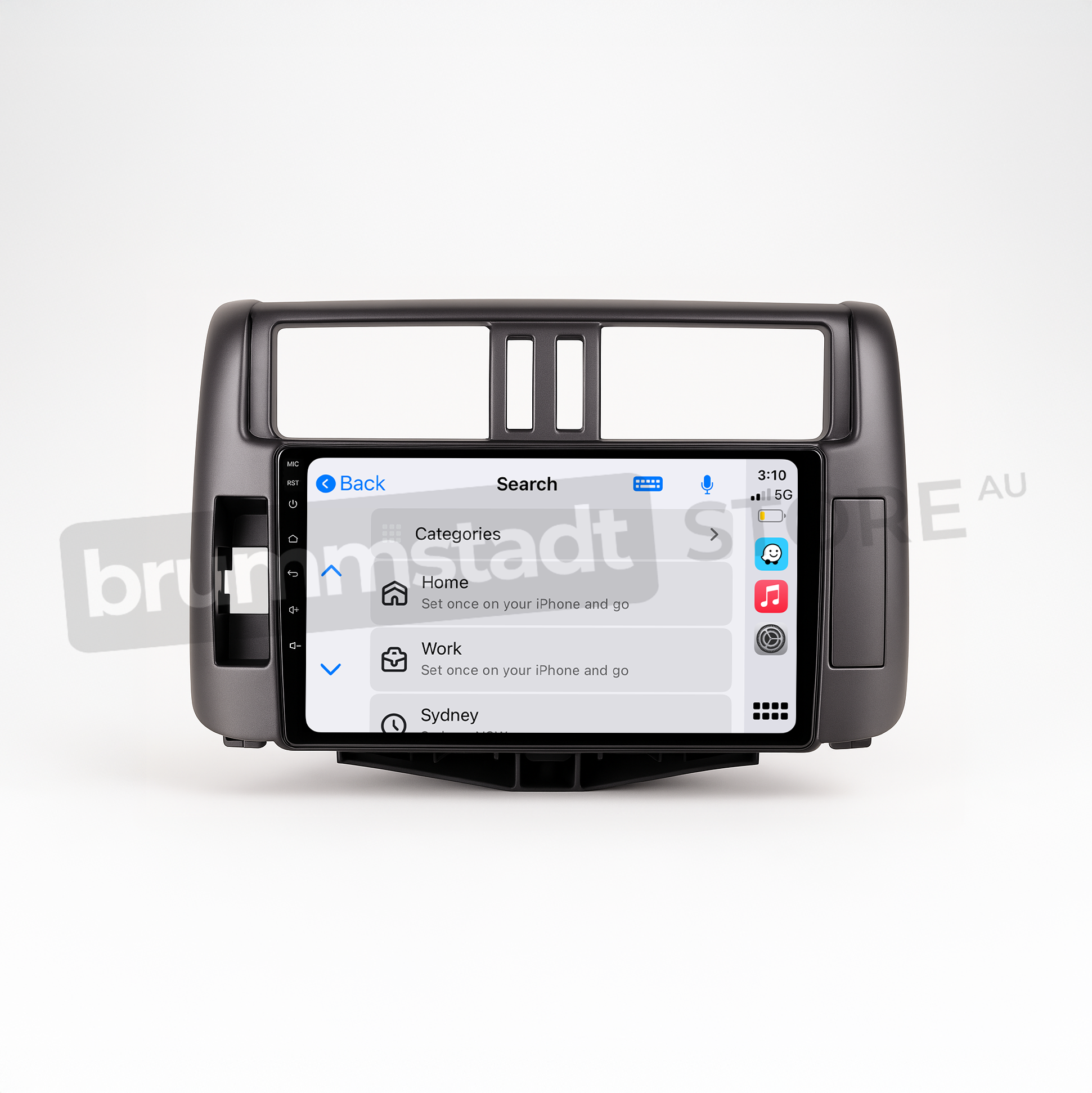 Brummstadt head unit for Toyota Prado 2009-2013, featuring a black frame with a touchscreen display, Apple CarPlay interface showcasing Google Maps, Spotify, and WhatsApp. This head unit is designed for navigation and communication upgrades in Toyota Prado interiors, allowing users to access applications like Work and Sydney easily.