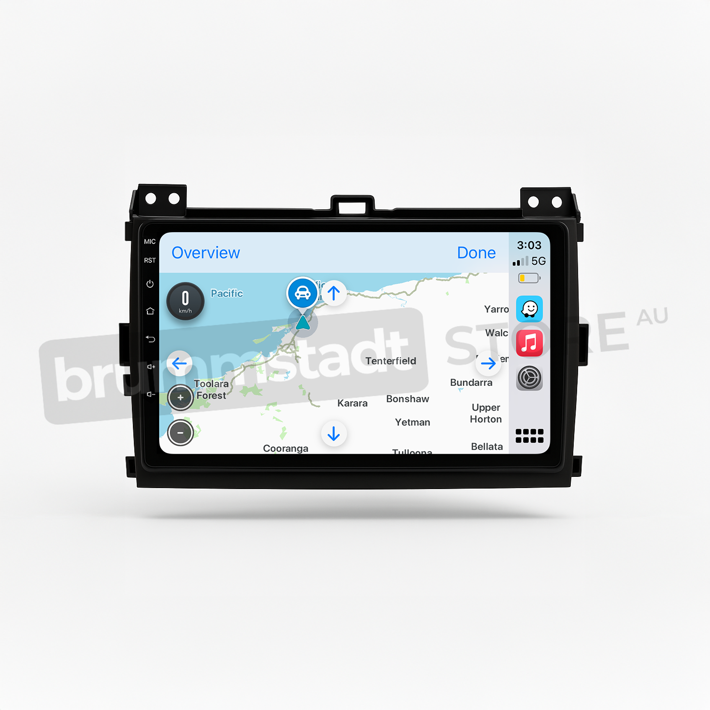 Brummstadt head unit for Toyota Prado 2003-2009, black frame with capacitive buttons, featuring Apple CarPlay interface displaying Google Maps for navigation around Australian locations, WhatsApp for messaging, and real-time traffic updates for routes in Toyota Prado.