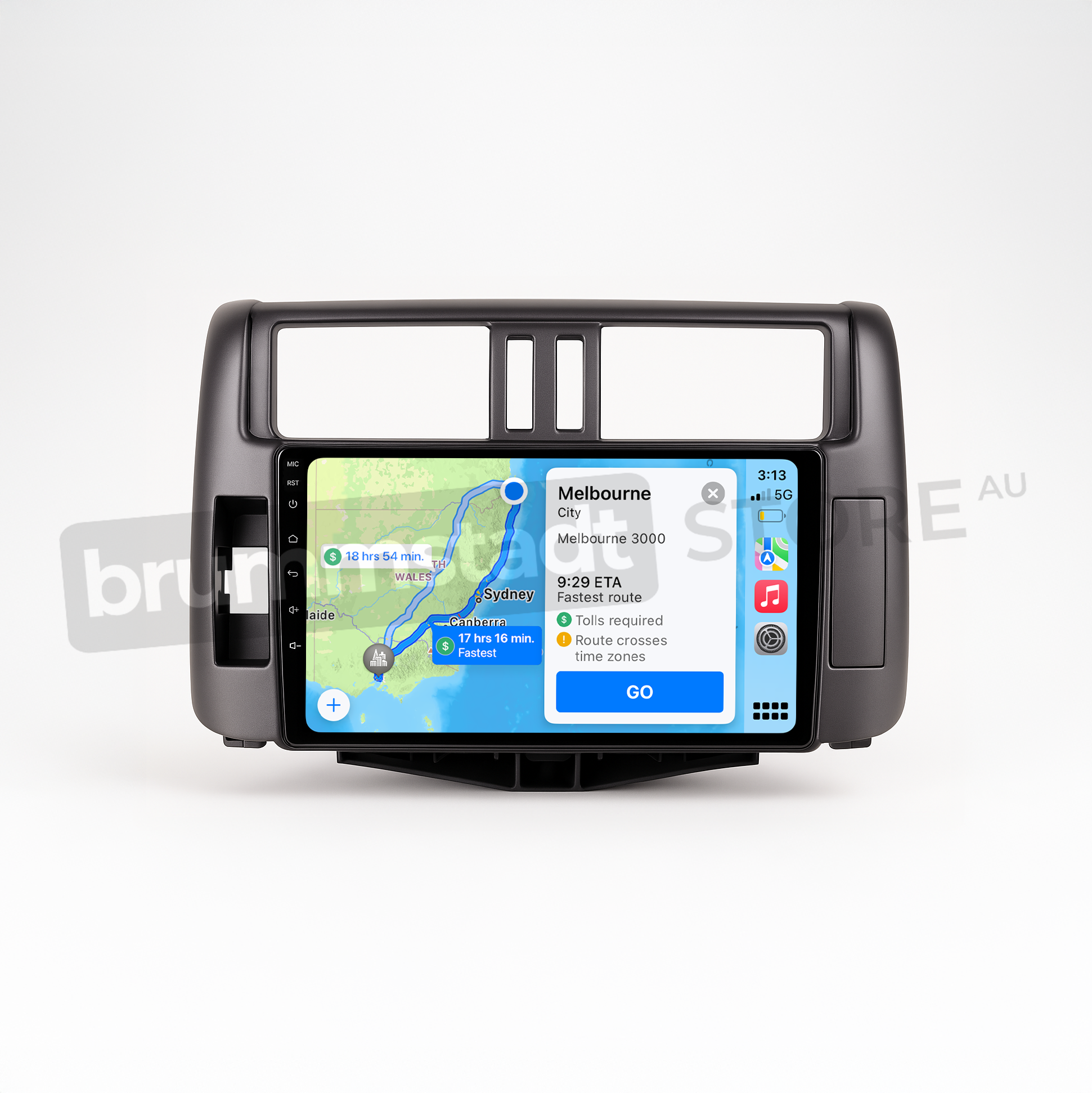 Brummstadt head unit for Toyota Prado 2009-2013, sleek design with a large touchscreen, Apple CarPlay interface displaying Google Maps with navigation to Melbourne, route details, and ETA. This unit features a black frame and is tailored for enhancing infotainment experiences in Toyota Prado vehicles.