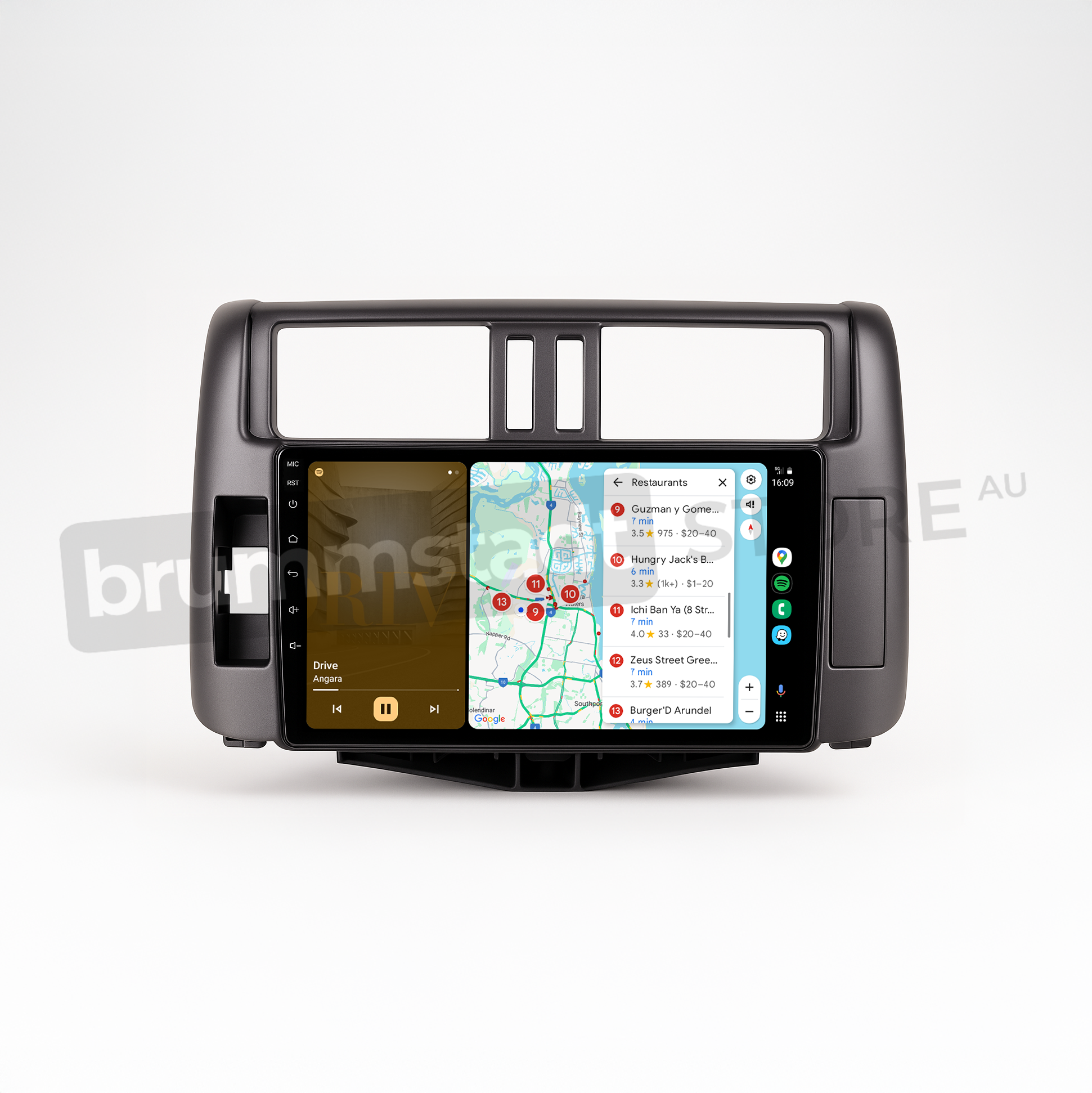 Brummstadt head unit for Toyota Prado 2009-2013, grey frame, touchscreen interface displaying Apple CarPlay with Google Maps, navigation map showing Sydney with routes and locations, music playing interface, WhatsApp app, designed for seamless integration in Toyota Prado vehicles.