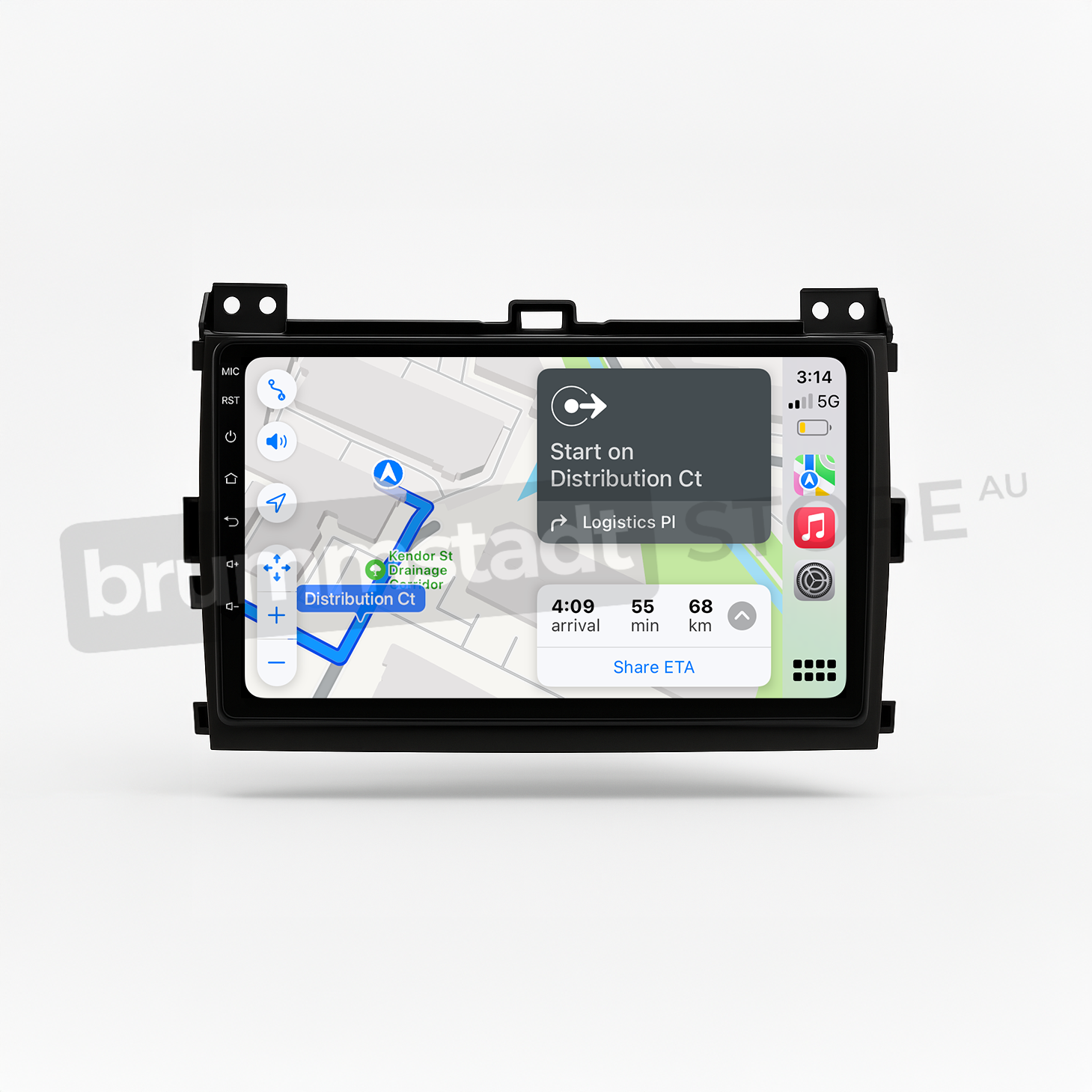 Brummstadt head unit for Toyota Prado 2003-2009, black frame with touchscreen, displaying Apple CarPlay interface featuring Google Maps for navigation with directions to Distribution Ct, time and distance estimates shown, integrated with both Apple CarPlay and Android Auto capabilities for a comprehensive infotainment experience in Toyota Prado vehicles.